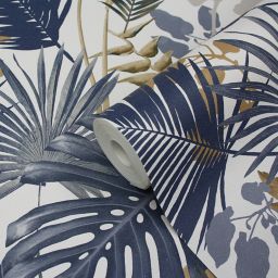 GoodHome Ferula Blue Tropical leaves Textured Wallpaper