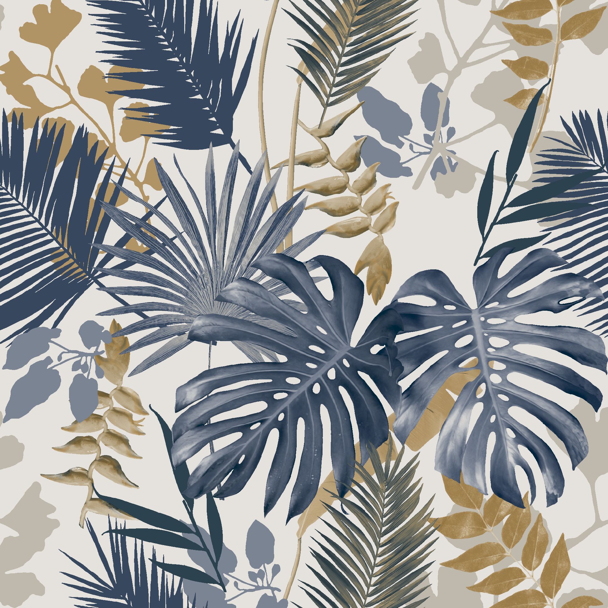GoodHome Ferula Blue Tropical leaves Textured Wallpaper | Tradepoint