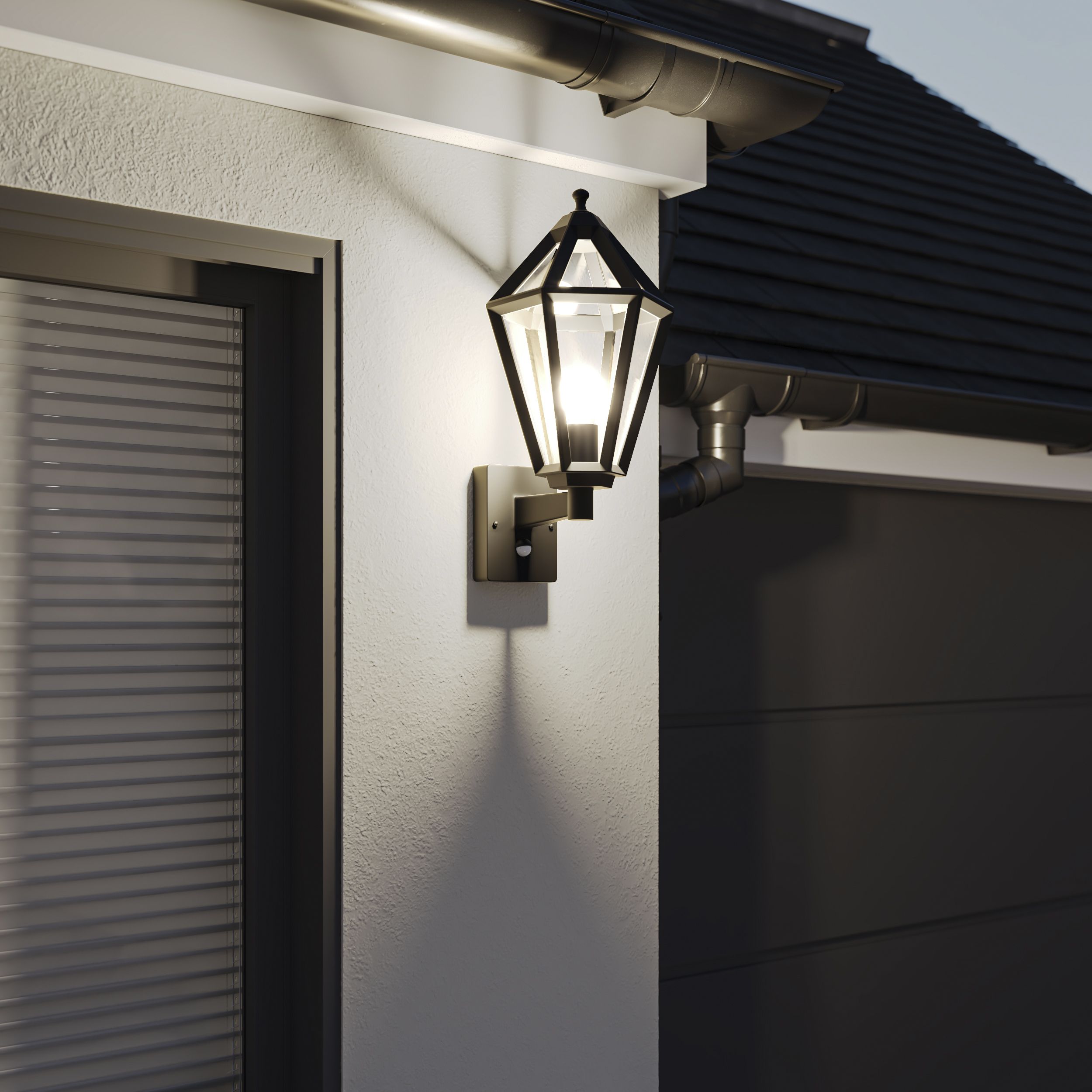 GoodHome Fixed Matt Black PIR Motion sensor Outdoor Wall light 25W