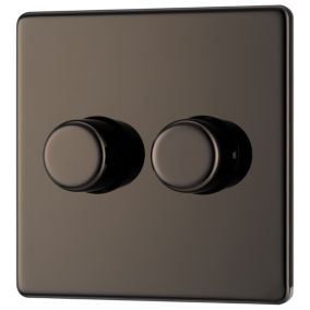 GoodHome Flat profile Double 2 way 200W Screwless Dimmer switch Black 2 gang