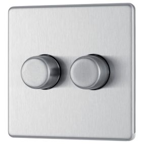 GoodHome Flat profile Double 2 way 200W Screwless Dimmer switch Silver 2 gang