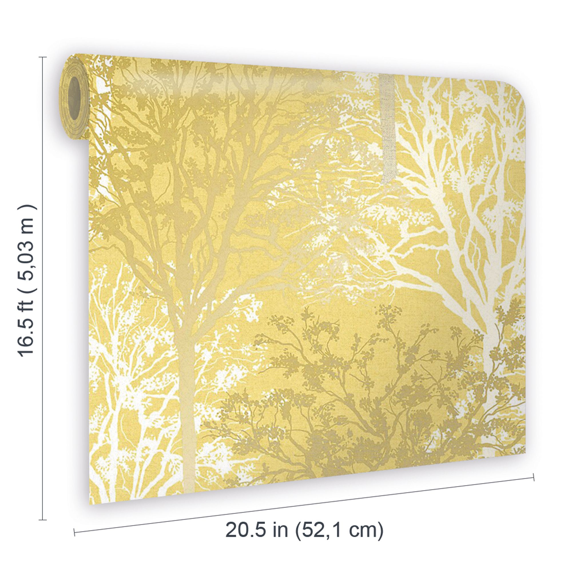 GoodHome Foxhill Yellow Metallic effect Trees Smooth Wallpaper