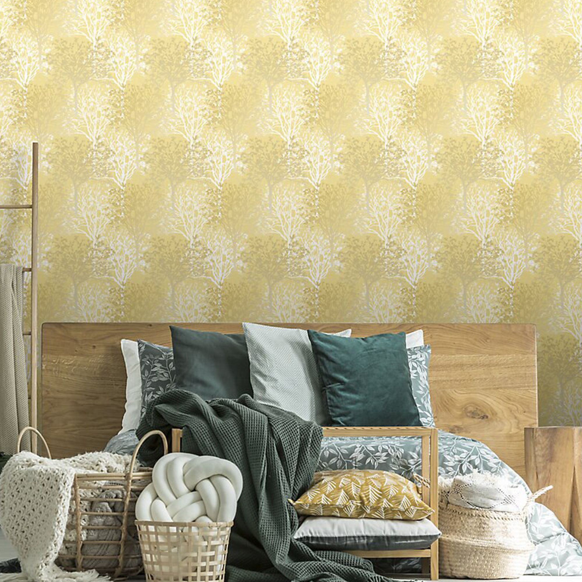 GoodHome Foxhill Yellow Metallic effect Trees Smooth Wallpaper