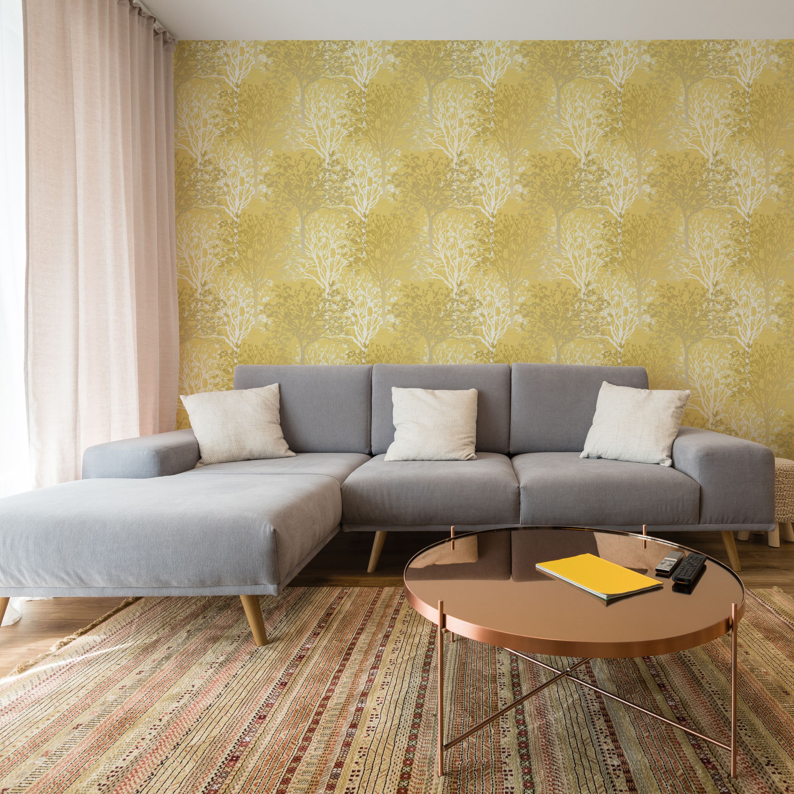 GoodHome Foxhill Yellow Metallic effect Trees Smooth Wallpaper