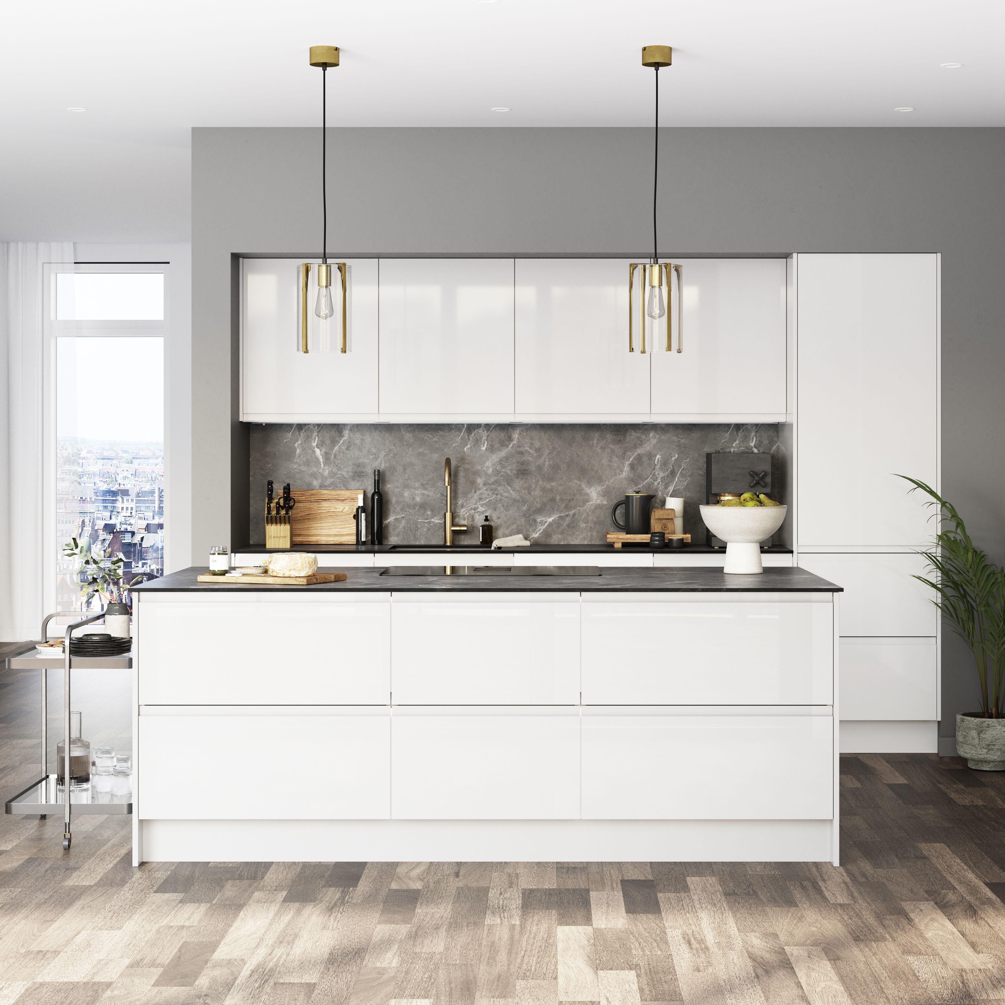 GoodHome Garcinia Gloss light grey integrated handle Base Kitchen cabinet (W)1000mm (H)720mm