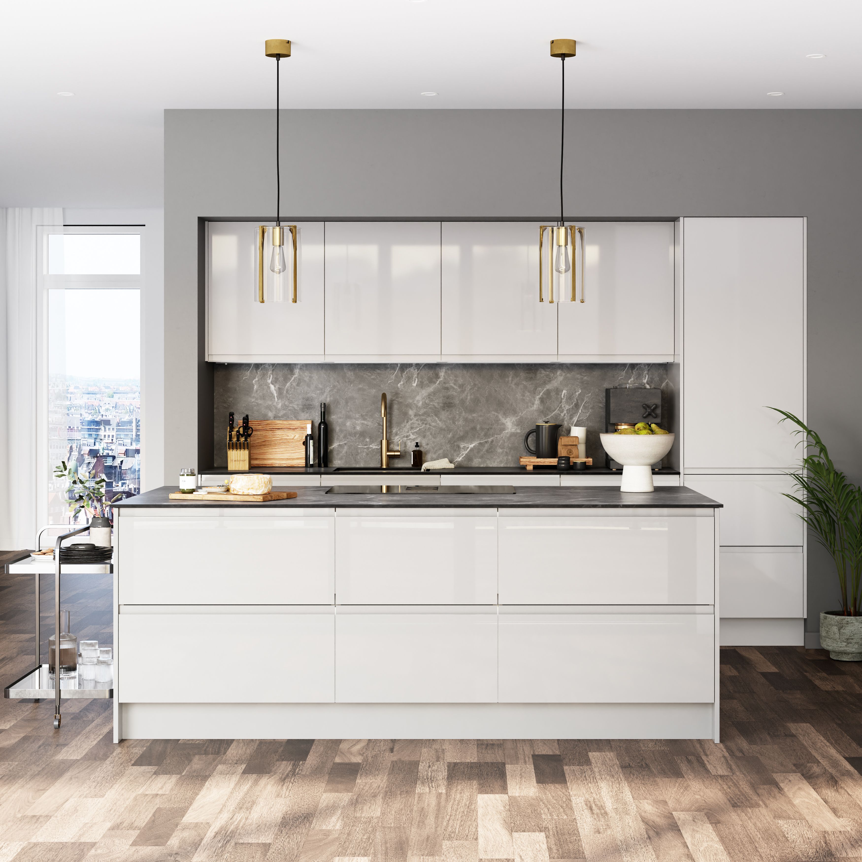 GoodHome Garcinia Gloss light grey integrated handle Highline Cabinet door (W)600mm (H)715mm (T)19mm