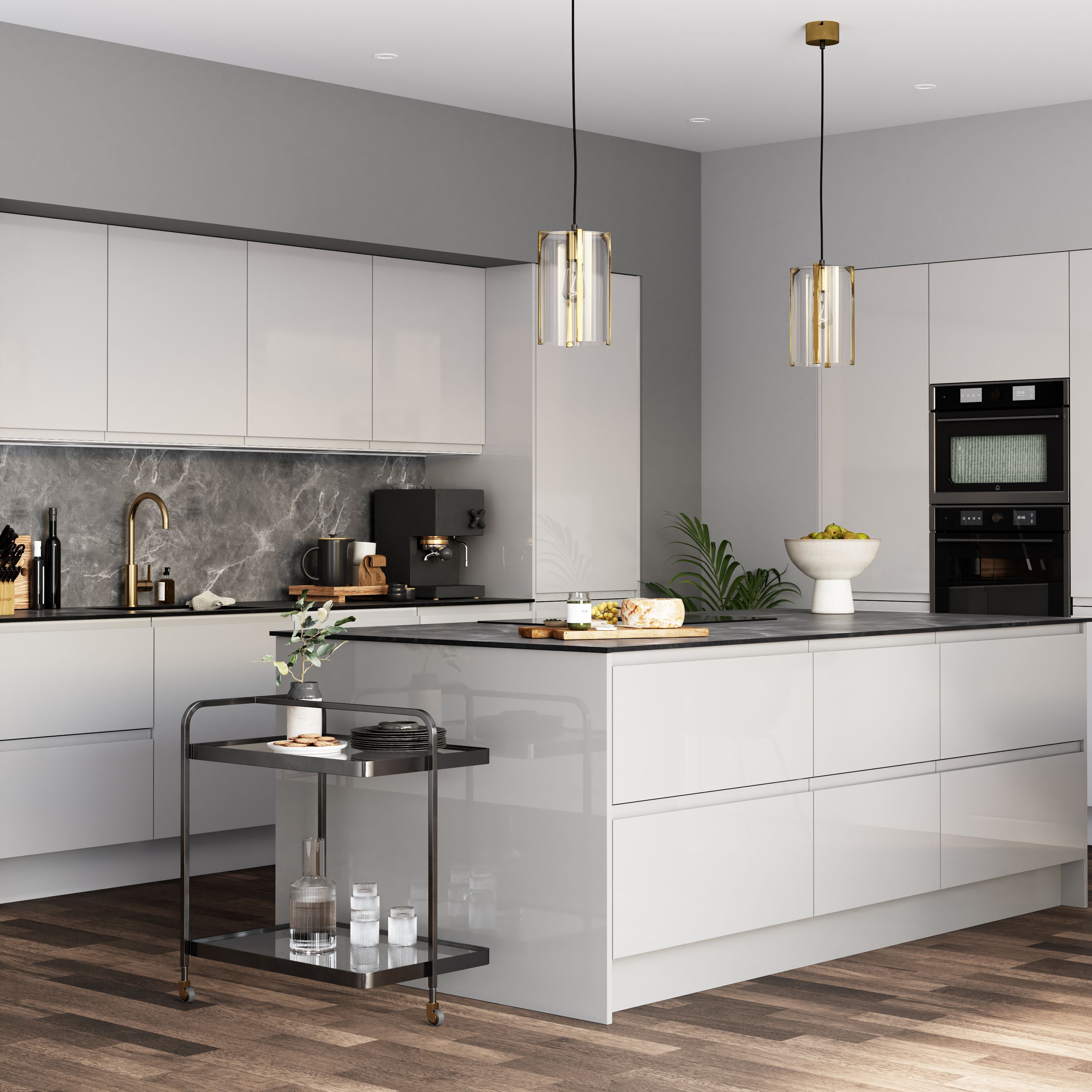 GoodHome Garcinia Gloss light grey integrated handle Highline Cabinet door (W)600mm (H)715mm (T)19mm