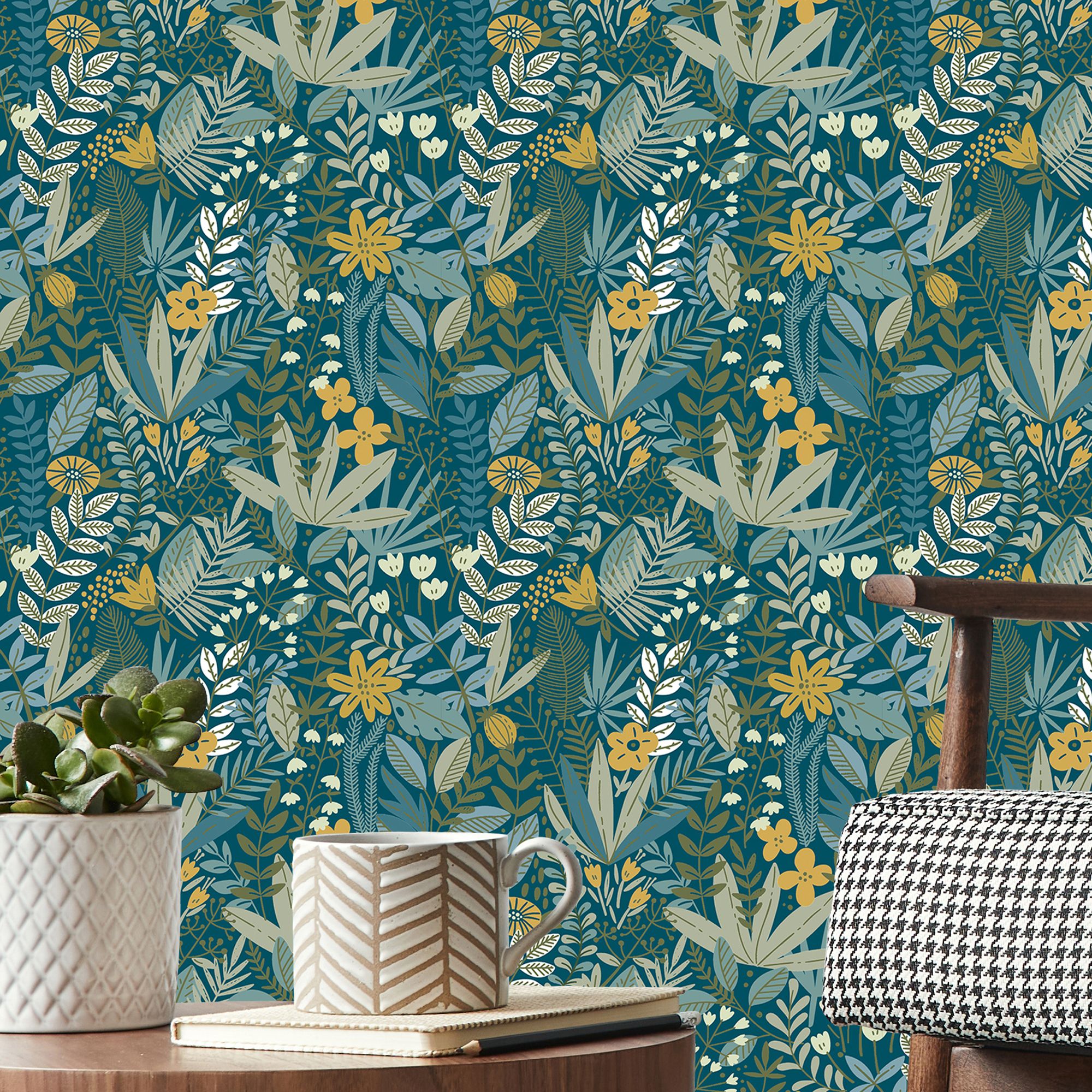 GoodHome Ghips Multicolour Naive leaves Textured Wallpaper