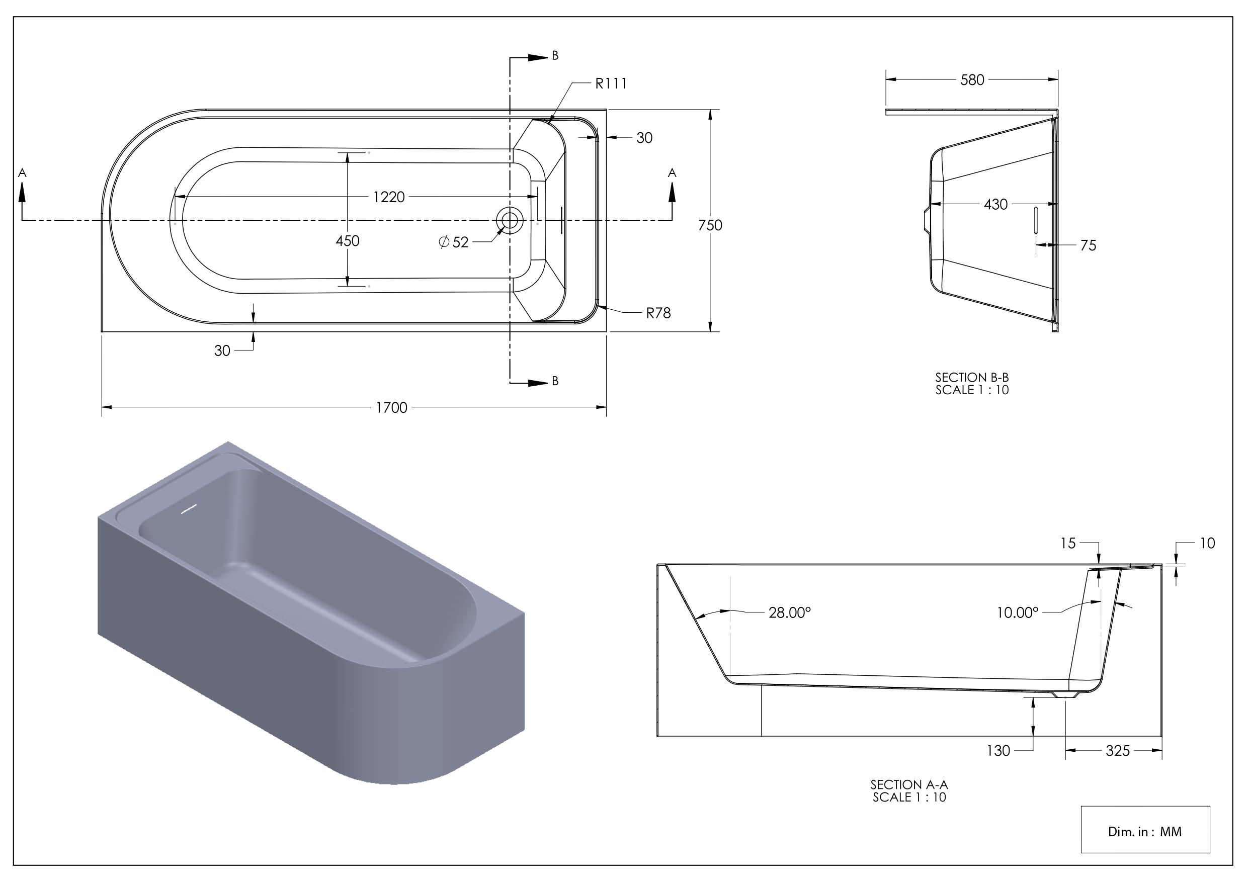 GoodHome Gloss White Back to wall Acrylic J-shaped Left-hand Bath (L)1700mm (W)750mm