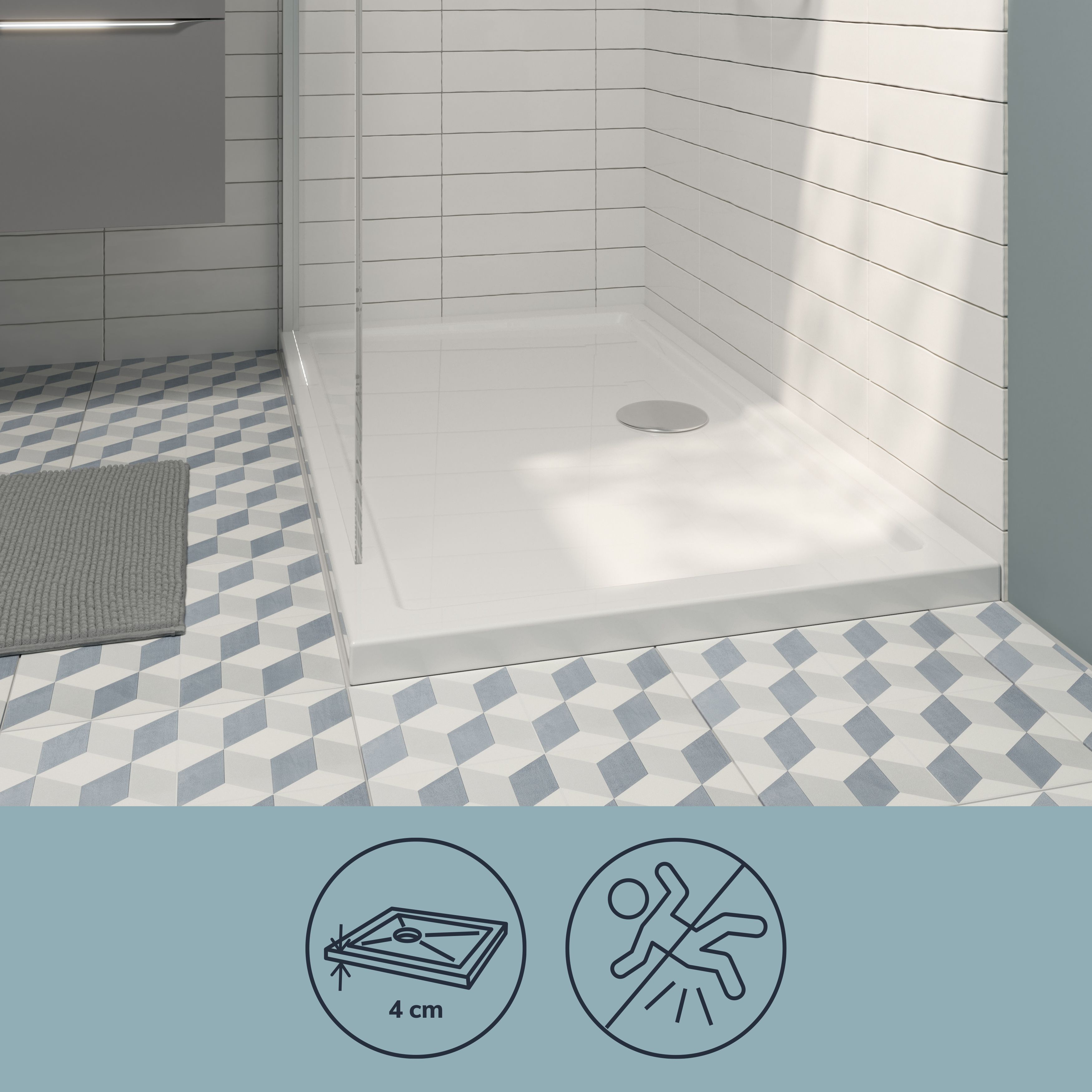 GoodHome Gloss White Rectangular Centre drain Shower tray (L)76cm (W)120cm (H)4cm