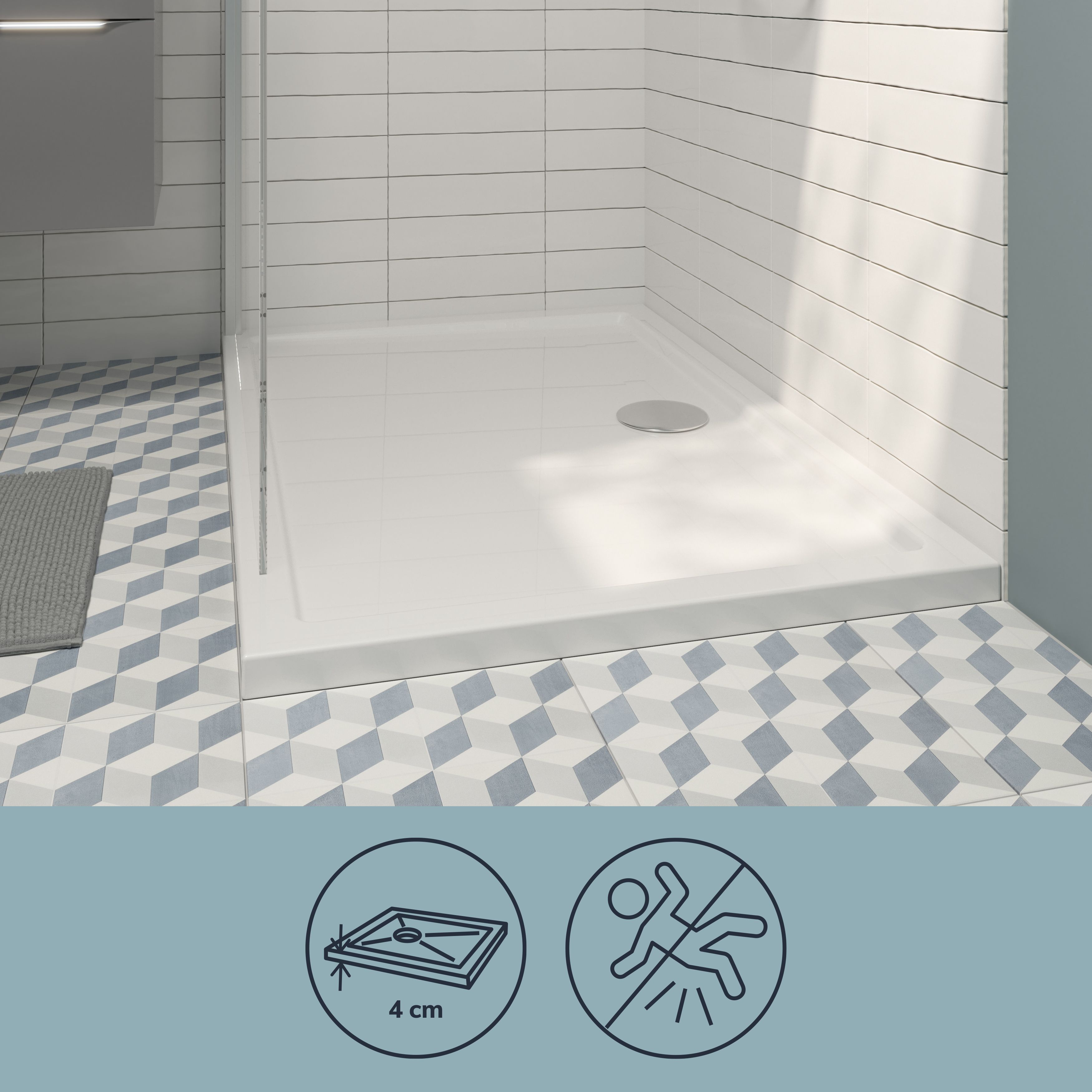 GoodHome Gloss White Rectangular Centre drain Shower tray (L)90cm (W)120cm (H)4cm