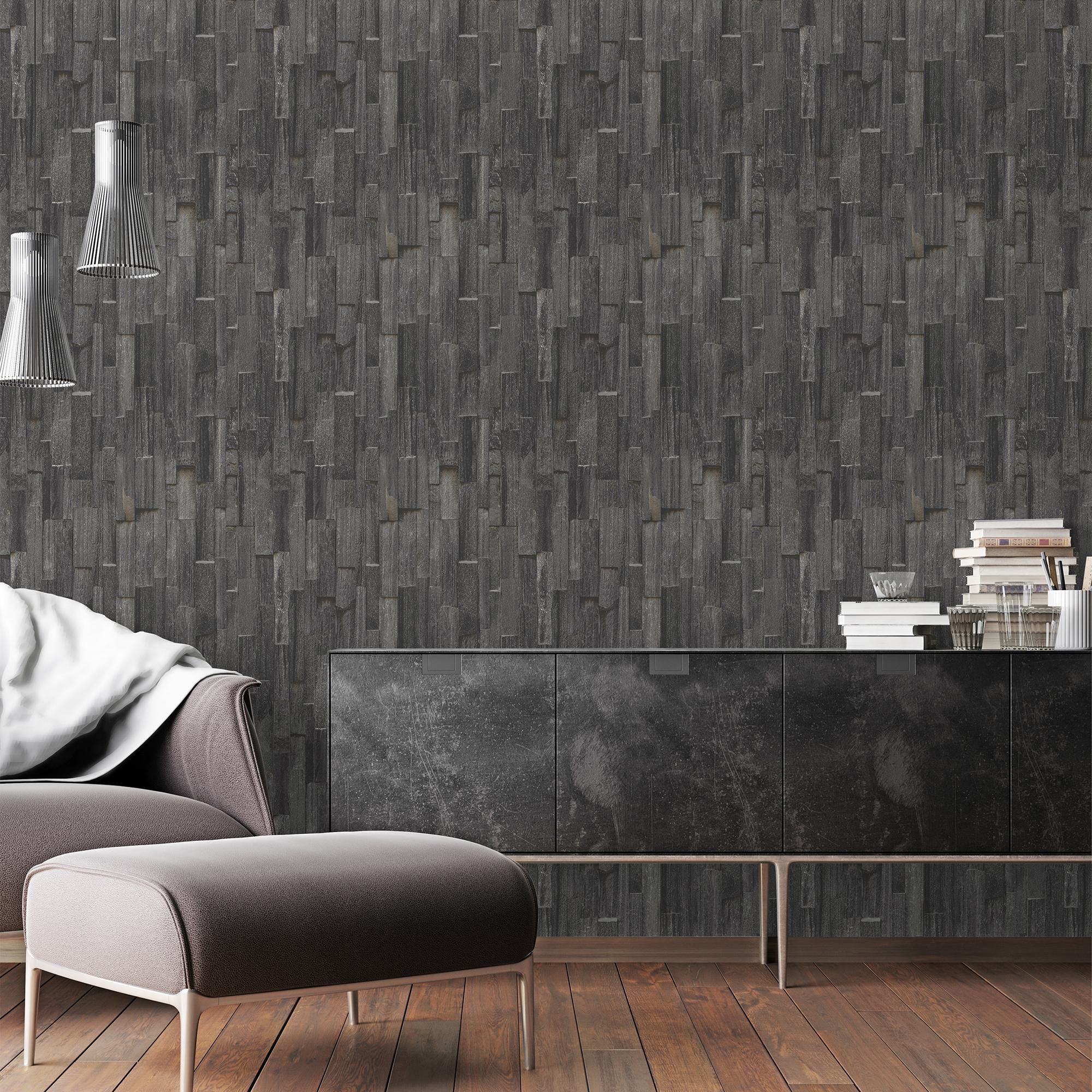 GoodHome Gunes Charcoal Stone effect Textured Wallpaper