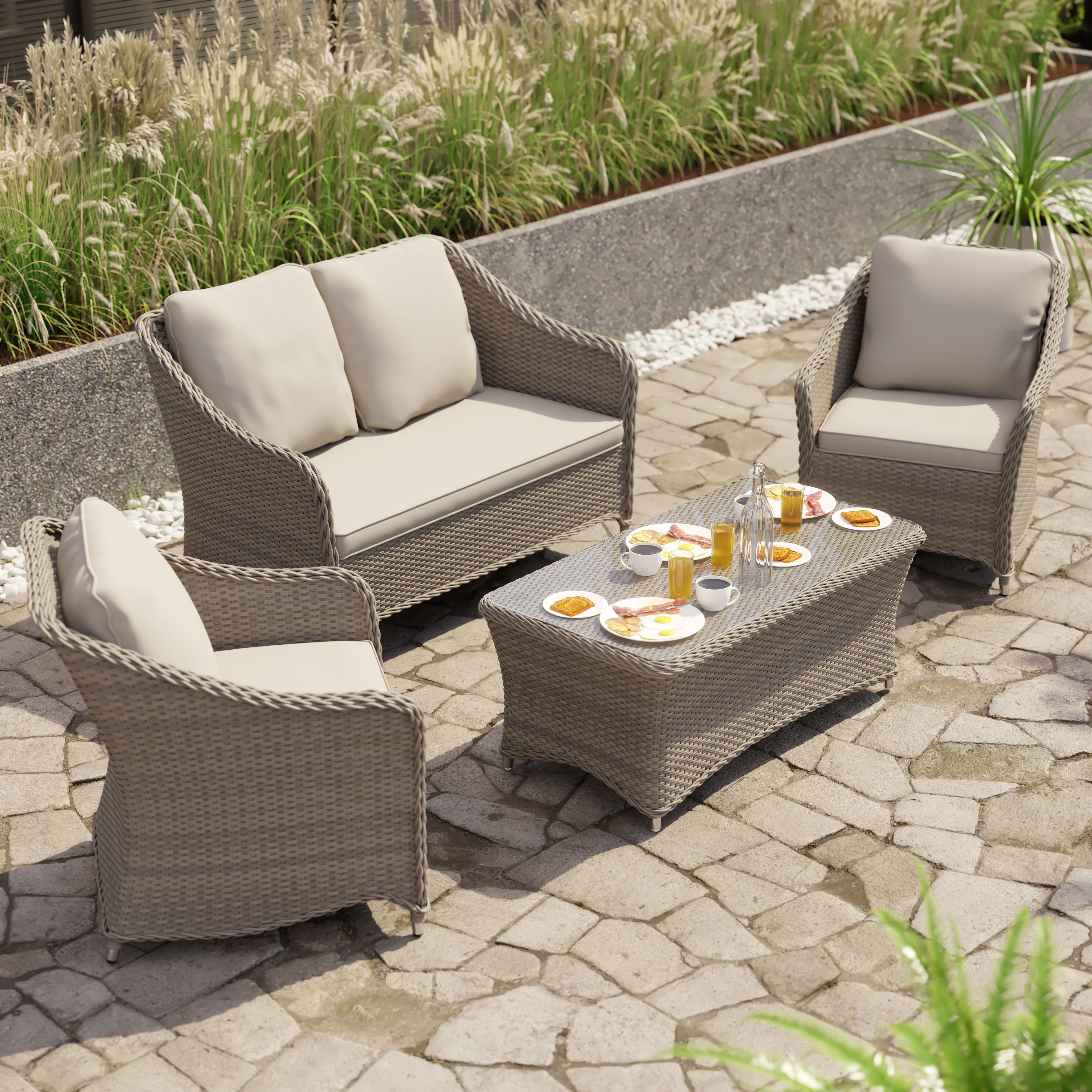 GoodHome Hamilton Cappuccino Rattan effect Metal 4 Seater Coffee set