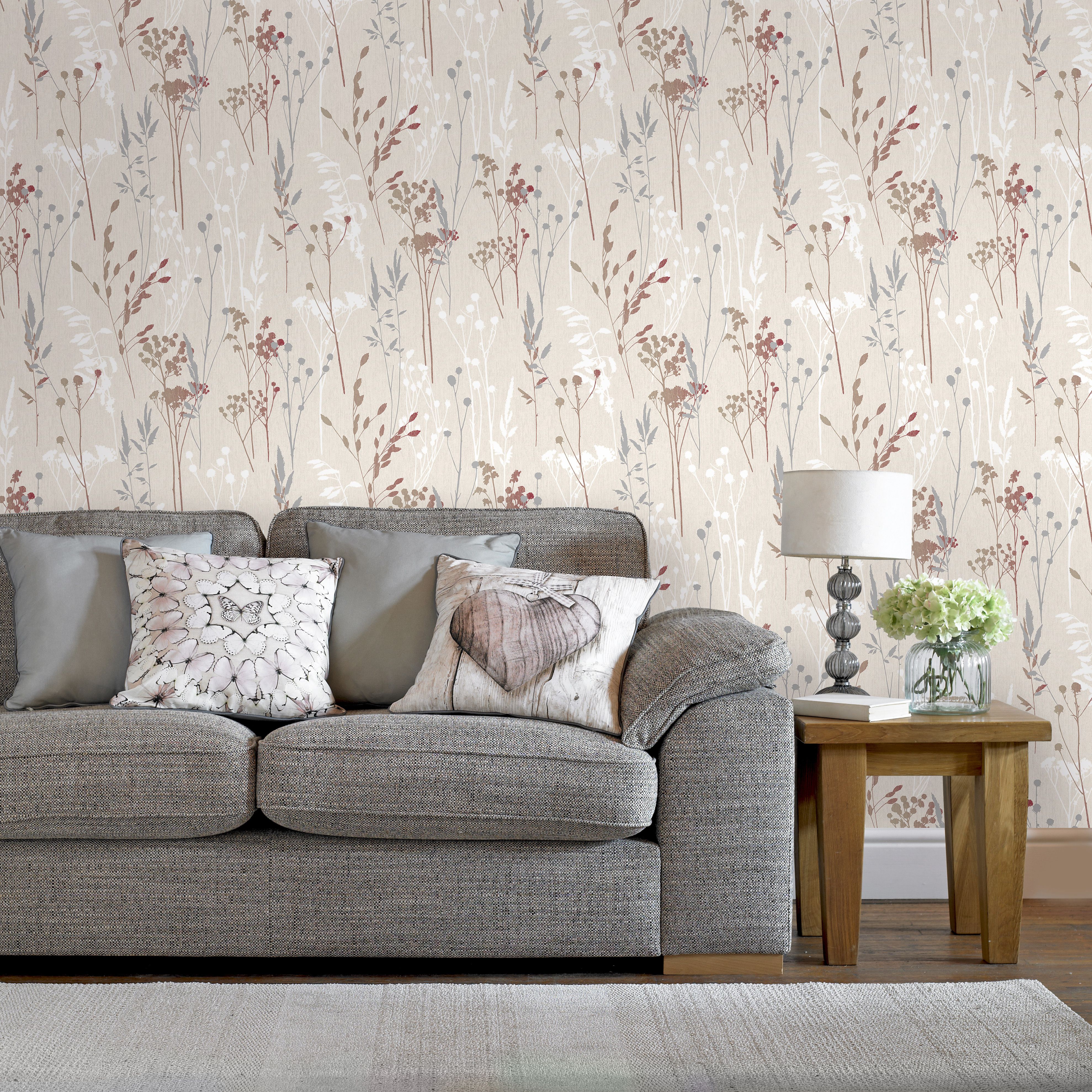 GoodHome Hayfield Cream & red Floral Textured Wallpaper Sample