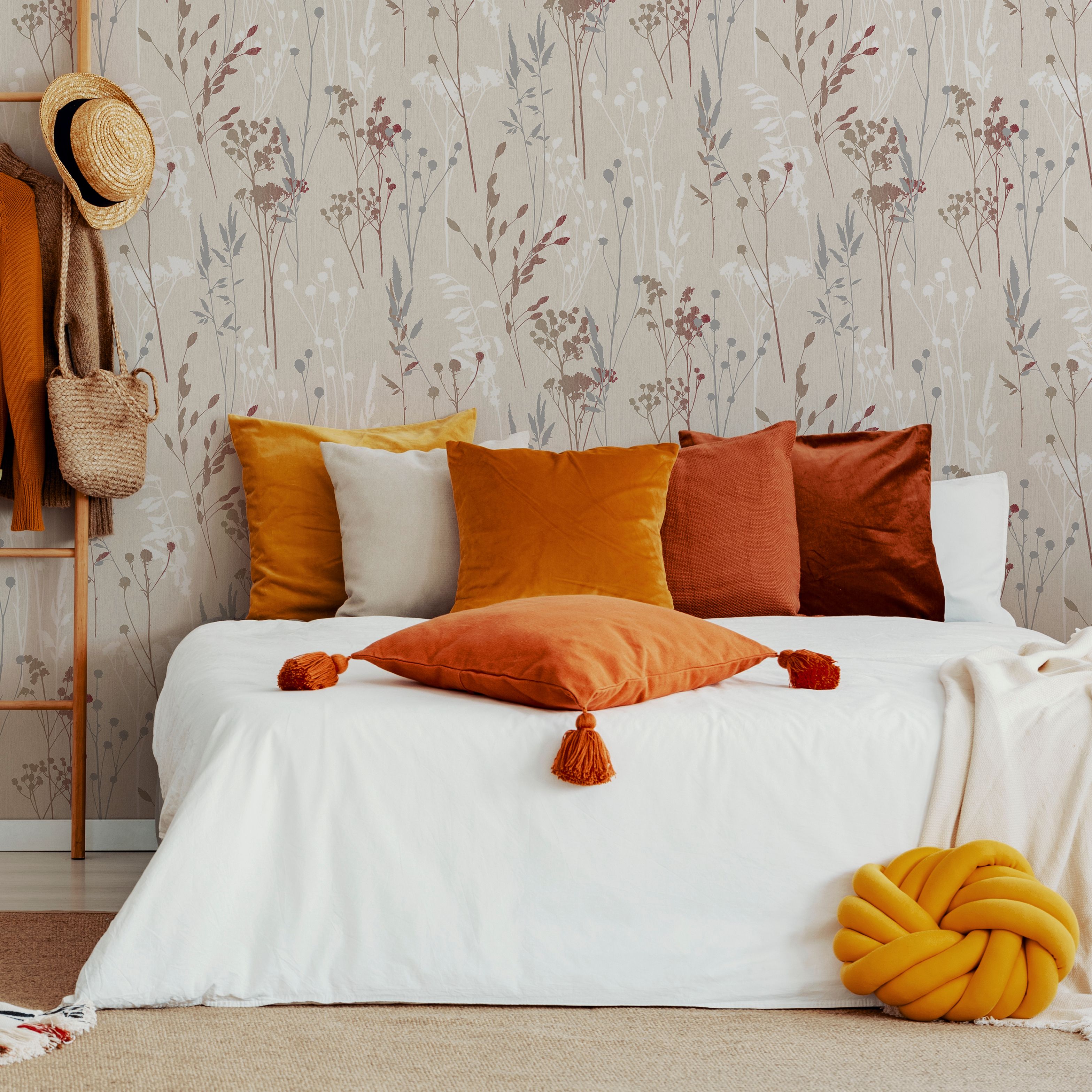 GoodHome Hayfield Cream & red Floral Textured Wallpaper Sample