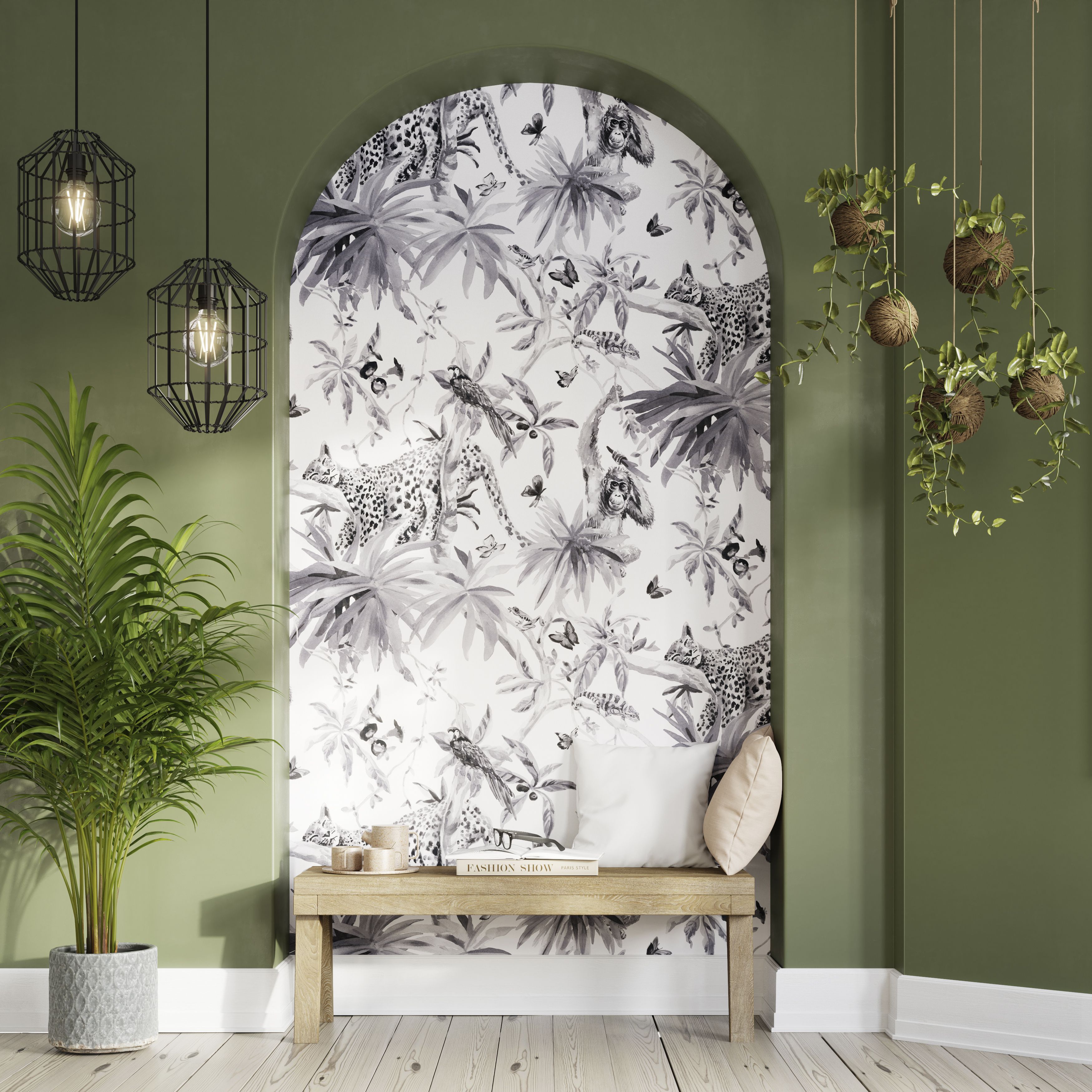 GoodHome Howlit Black & white Jungle Textured Wallpaper