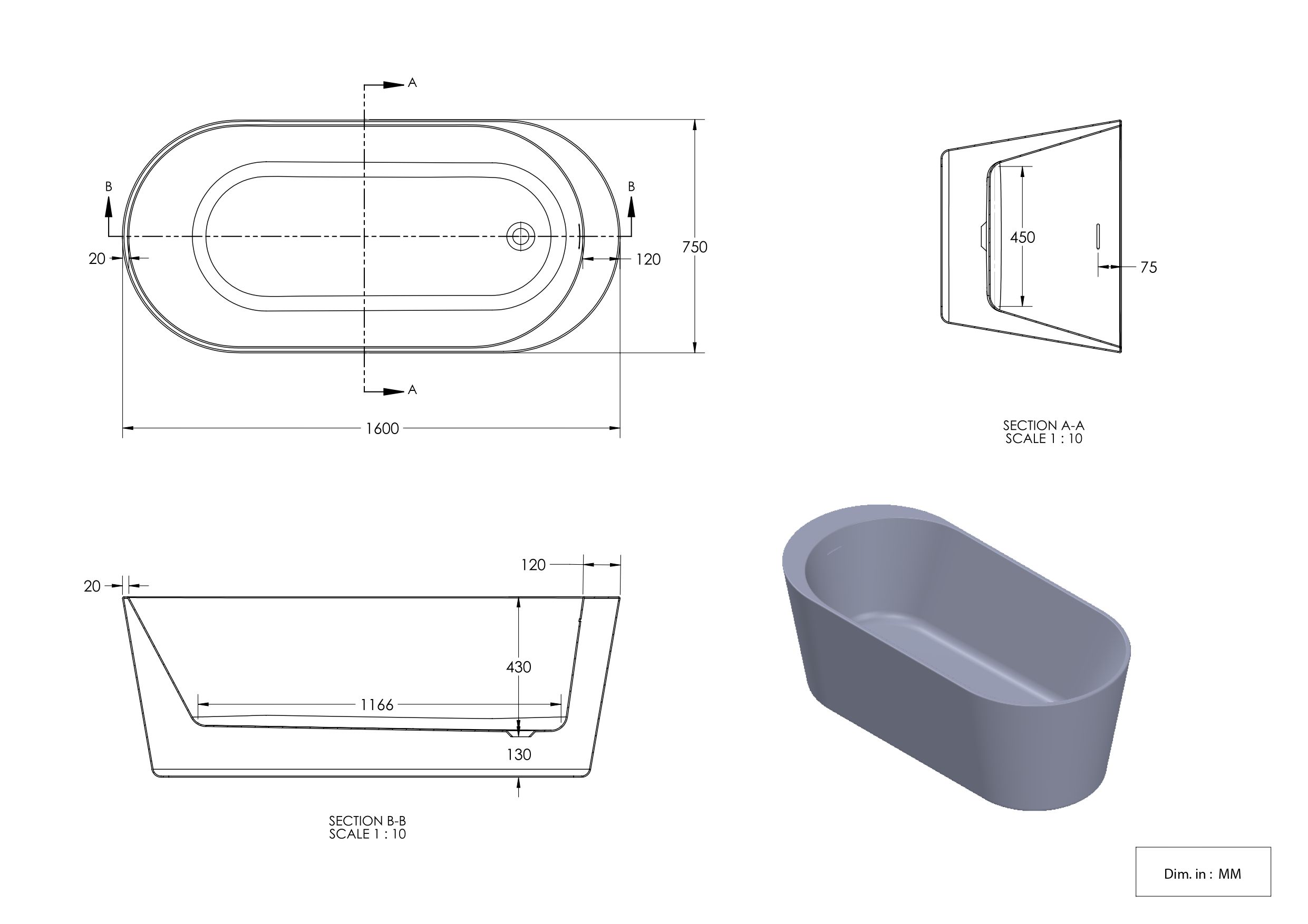 GoodHome Huron Gloss White Acrylic Single-ended Oval Freestanding Bath (L)1600mm (W)750mm