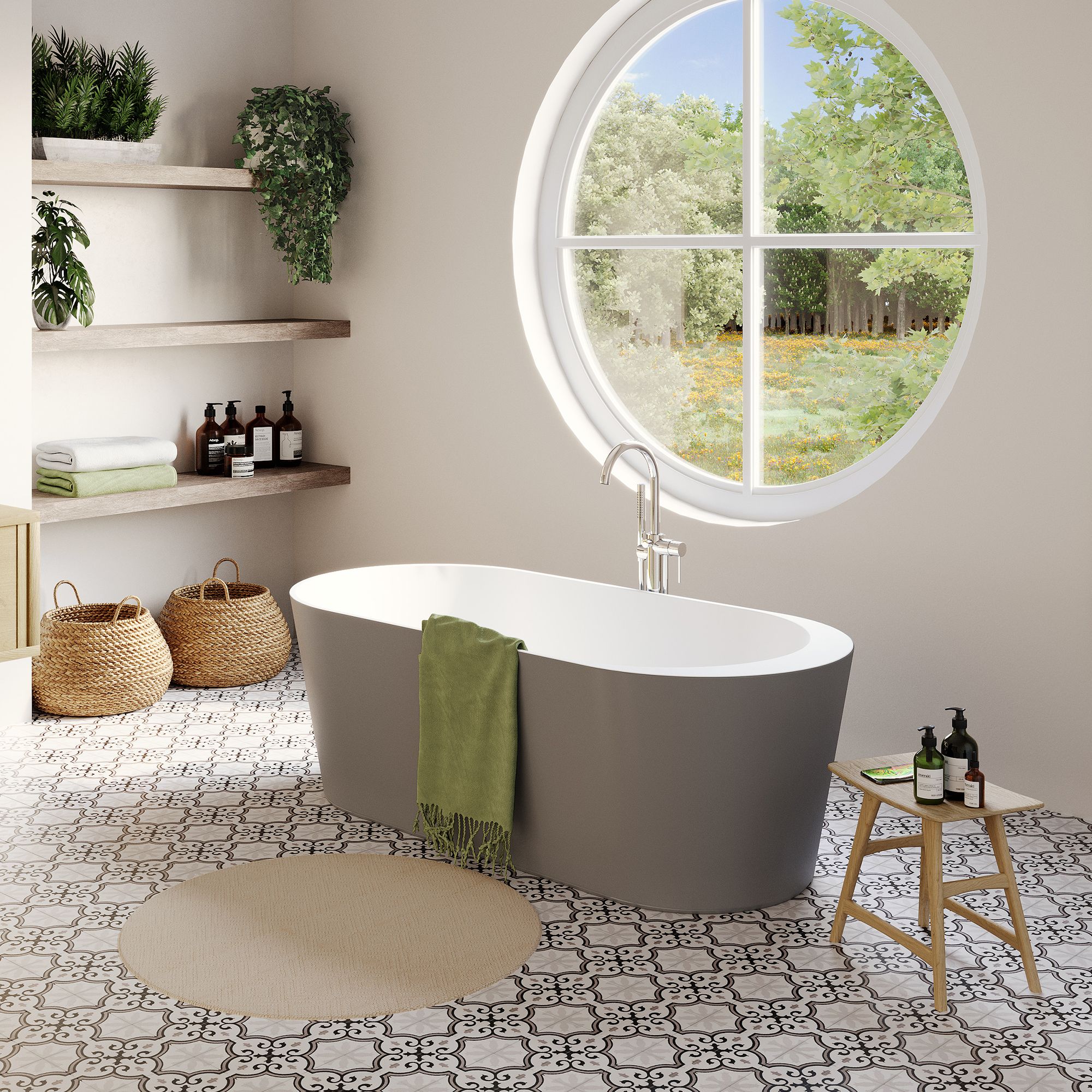 GoodHome Huron Matt Grey Acrylic Freestanding Oval Single ended Bath (L)1700mm (W)800mm