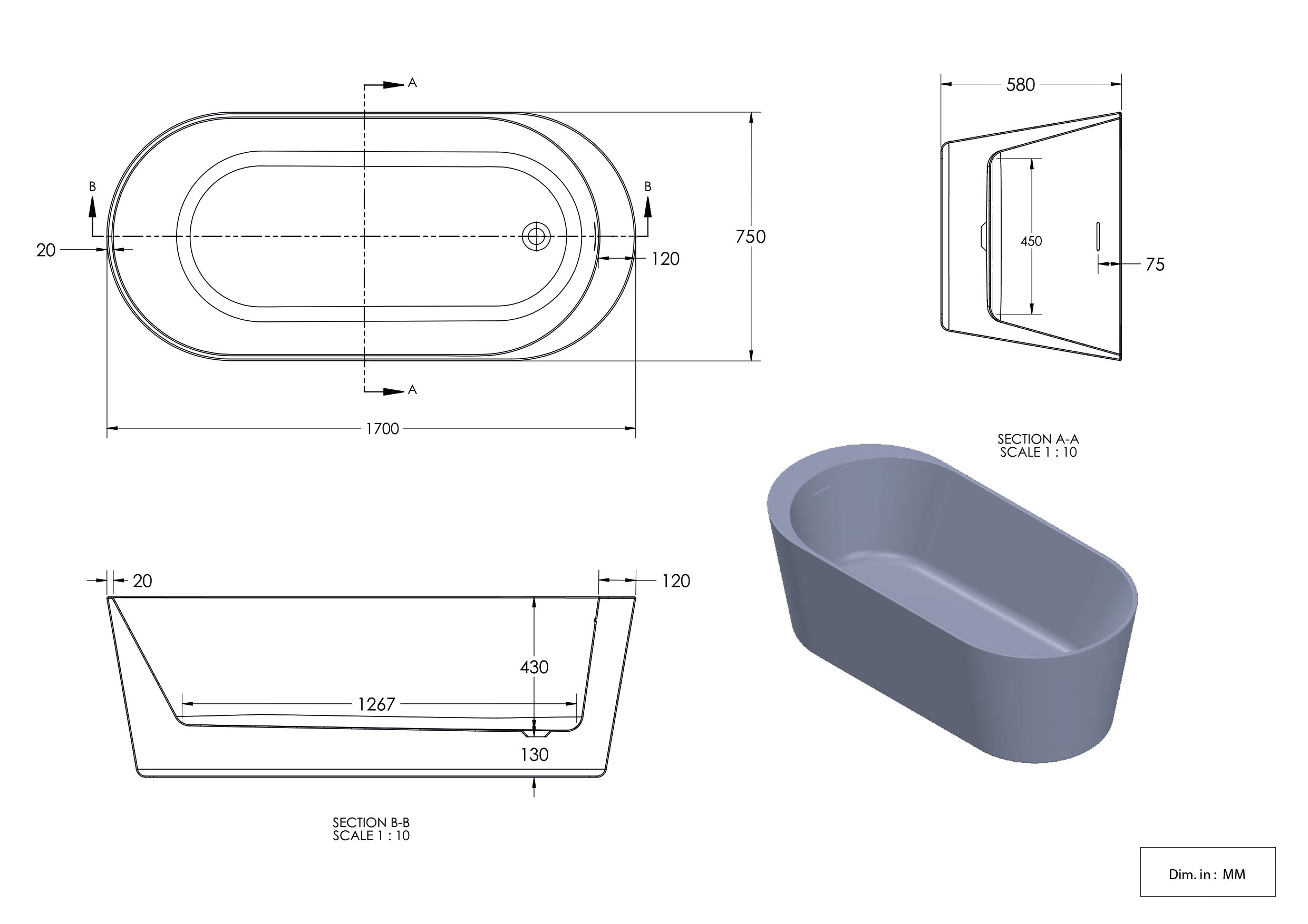 GoodHome Huron Matt Grey Acrylic Freestanding Oval Single ended Bath (L)1700mm (W)800mm