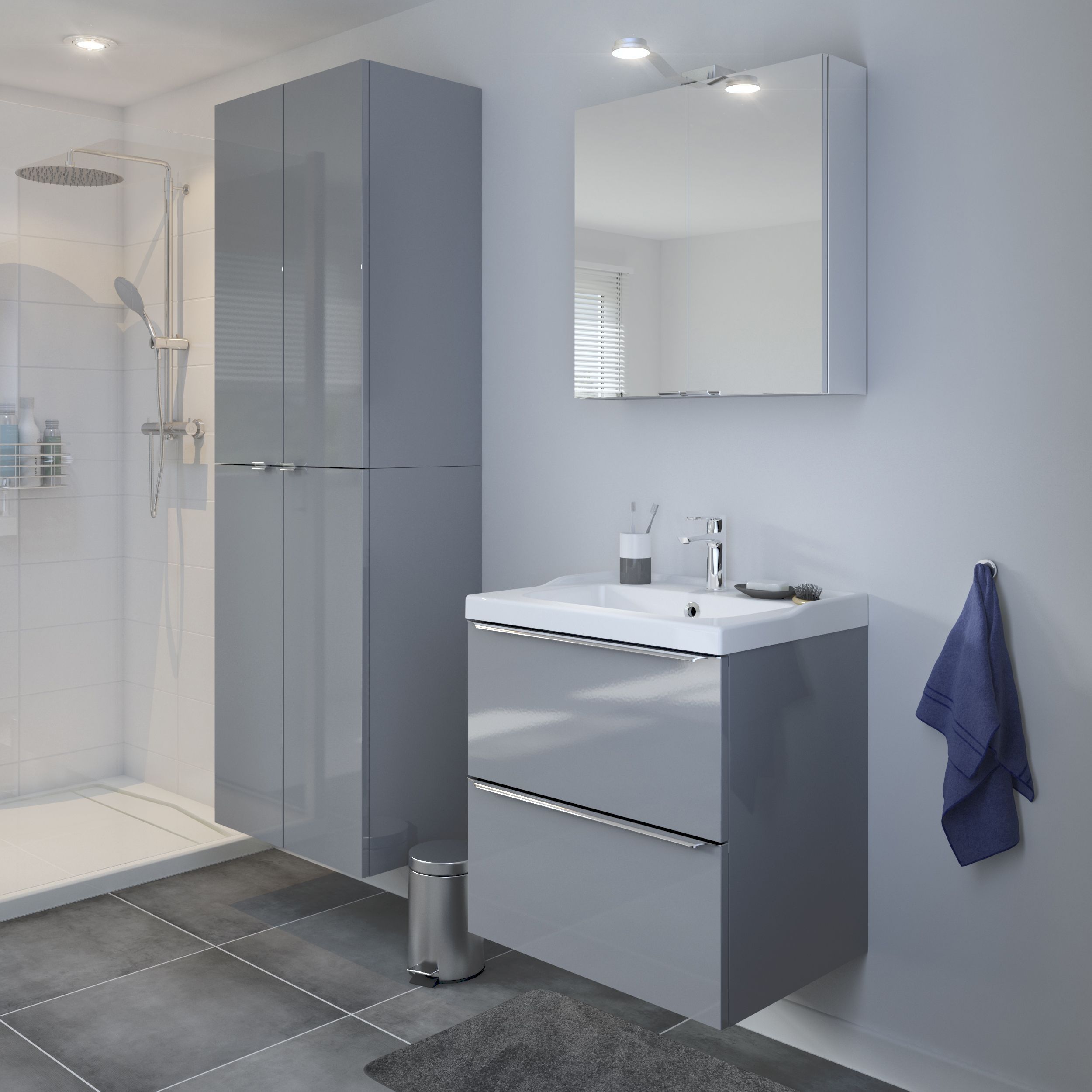 GoodHome Imandra Deep Gloss Grey Double Bathroom Wall cabinet (H)90cm (W)60cm