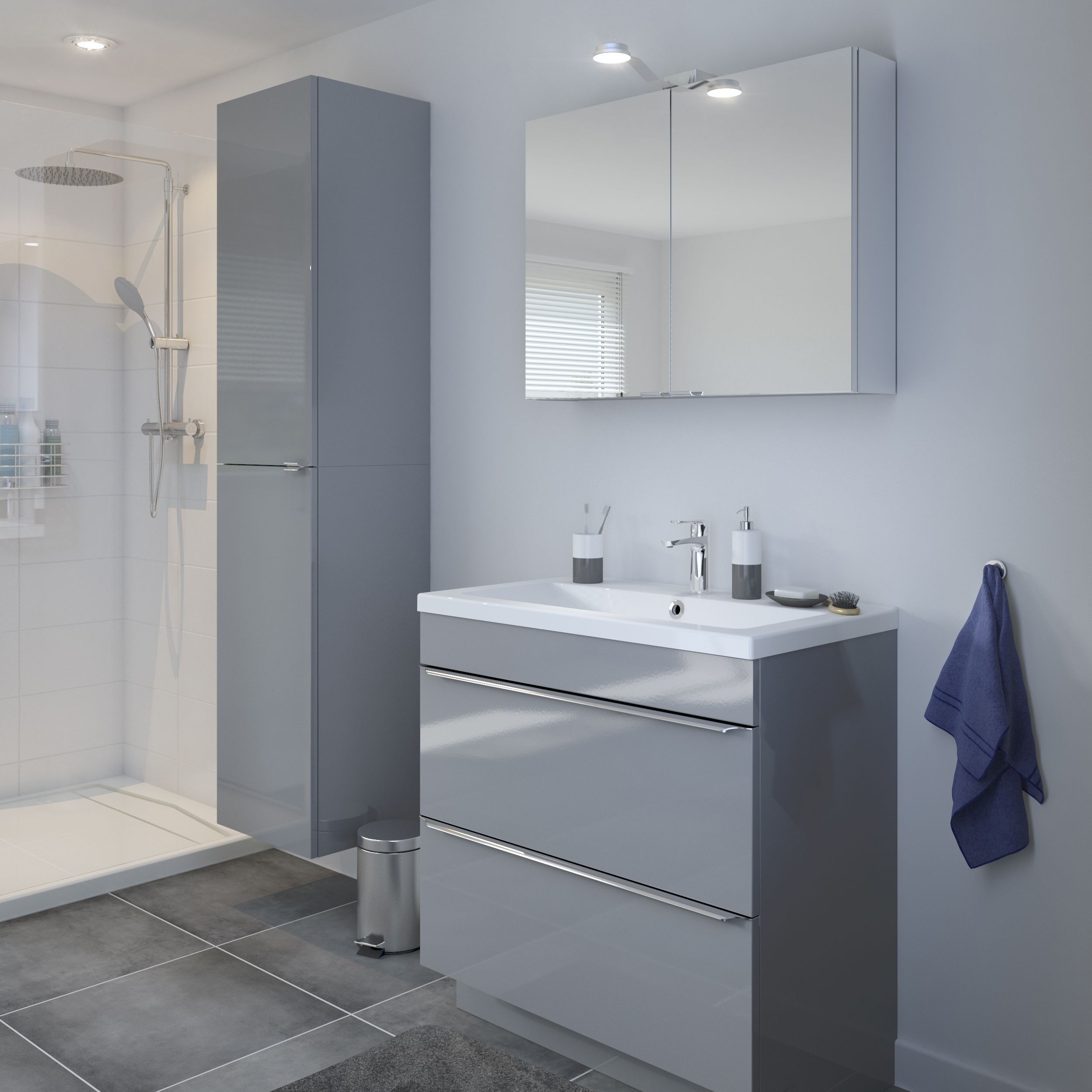 GoodHome Imandra Deep Gloss Grey Single Bathroom Wall cabinet (H)90cm (W)40cm