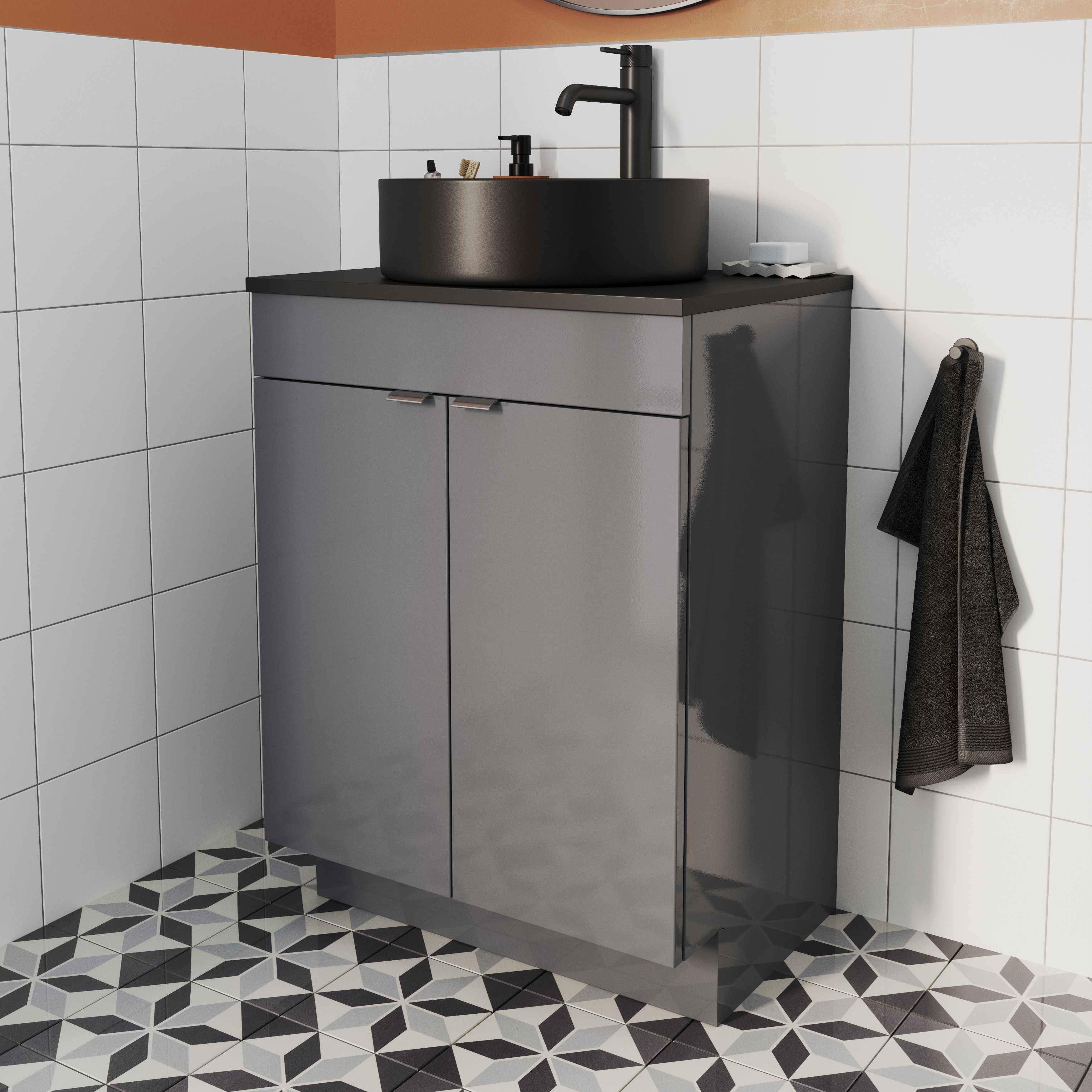 GoodHome Imandra Gloss Grey Double Bathroom Cabinet (H)82cm (W)60cm