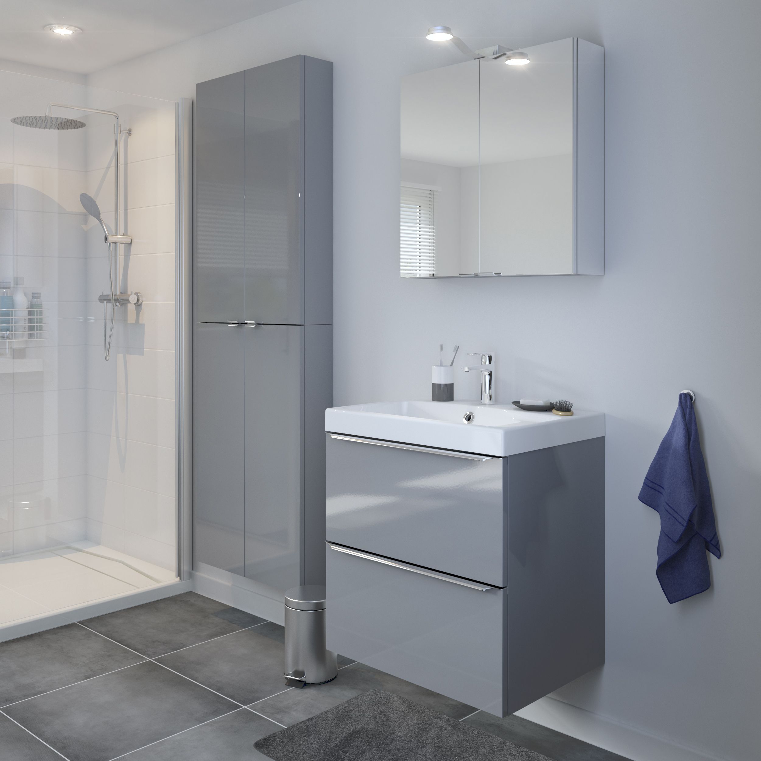 GoodHome Imandra Gloss Grey Double Bathroom Wall cabinet (H)90cm (W)60cm