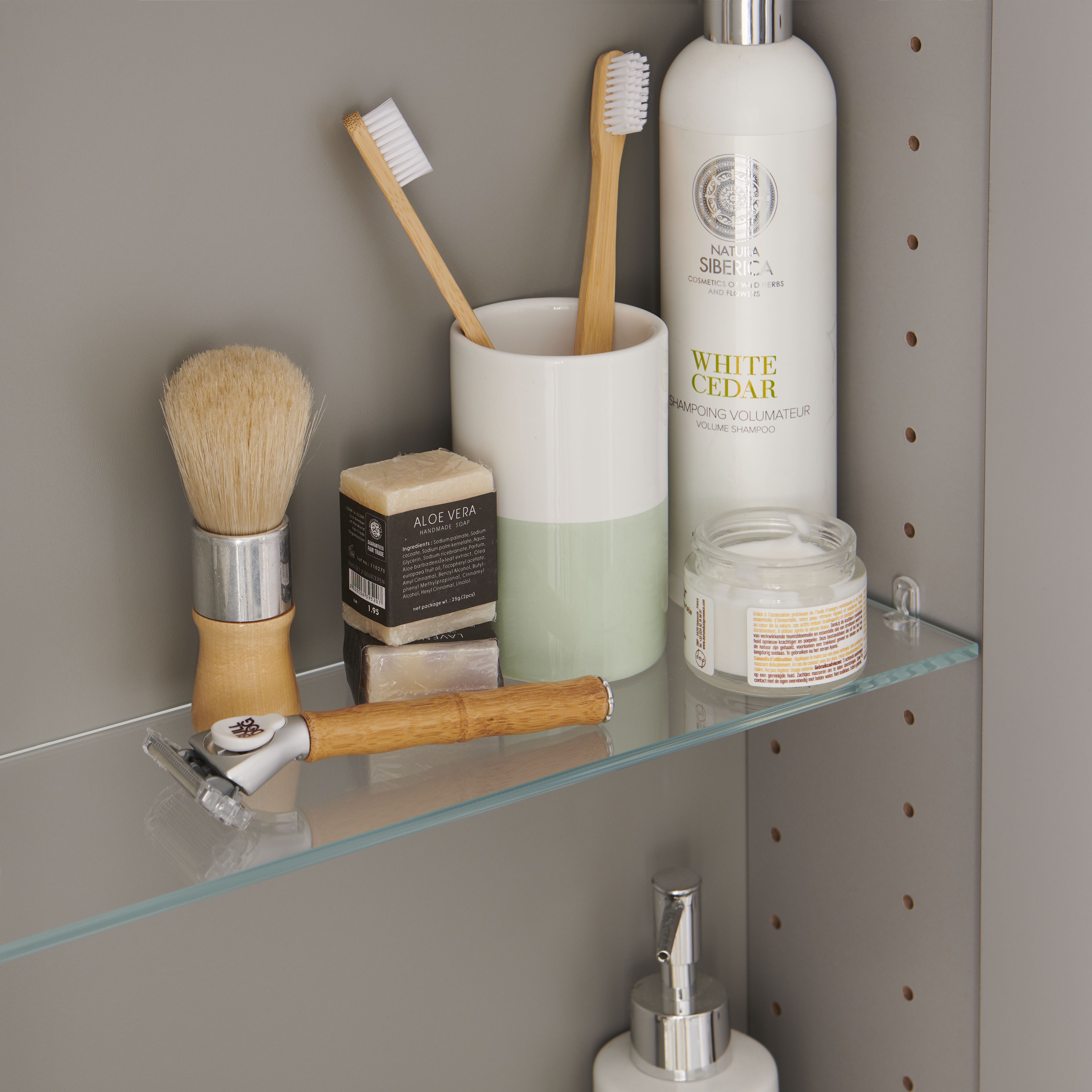GoodHome Imandra Matt Clear Oak effect Glass Wall-mounted Bathroom Shelf, (L)358mm (D)110mm