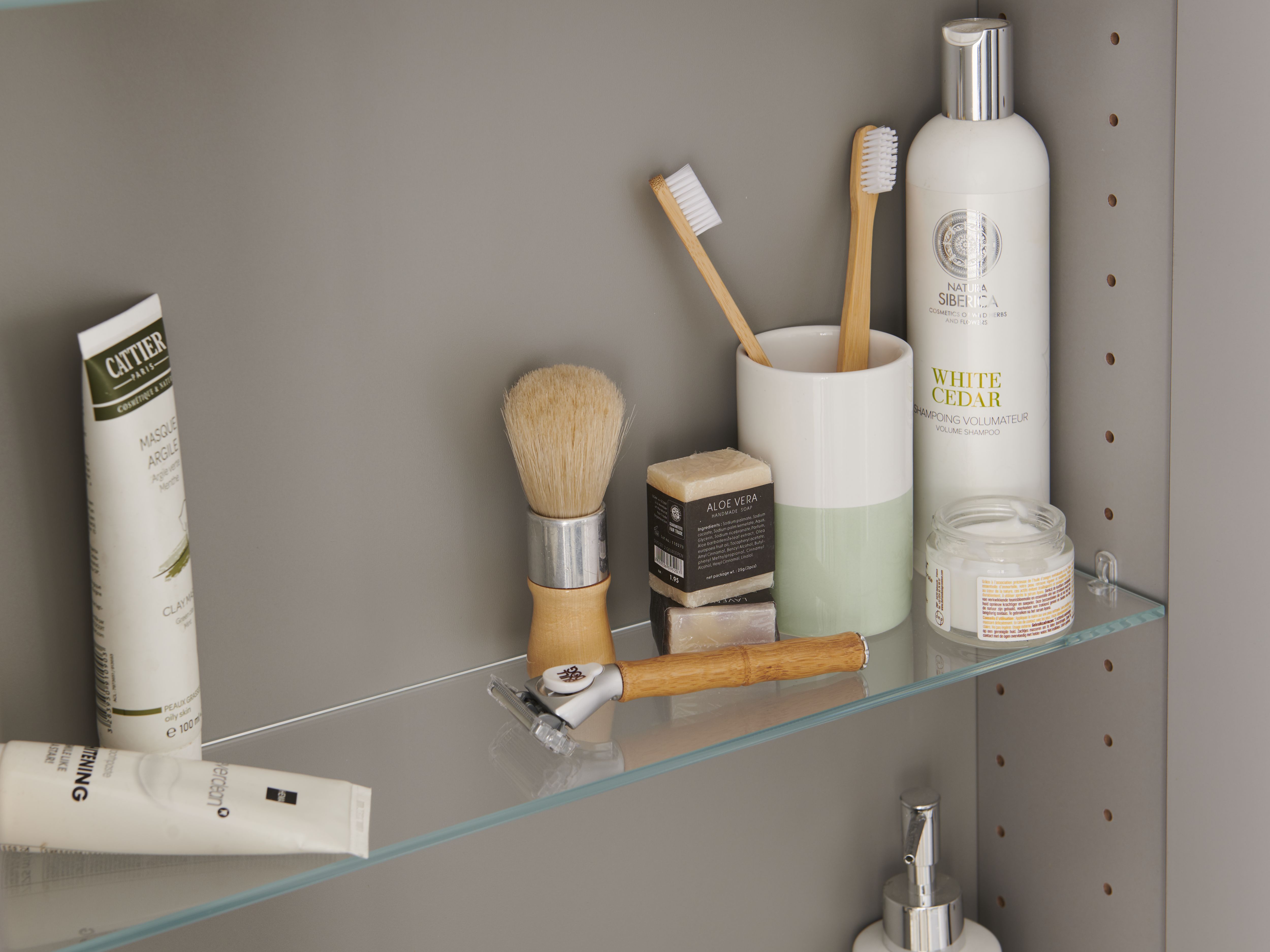 GoodHome Imandra Matt Clear Oak effect Glass Wall-mounted Bathroom Shelf, (L)358mm (D)110mm