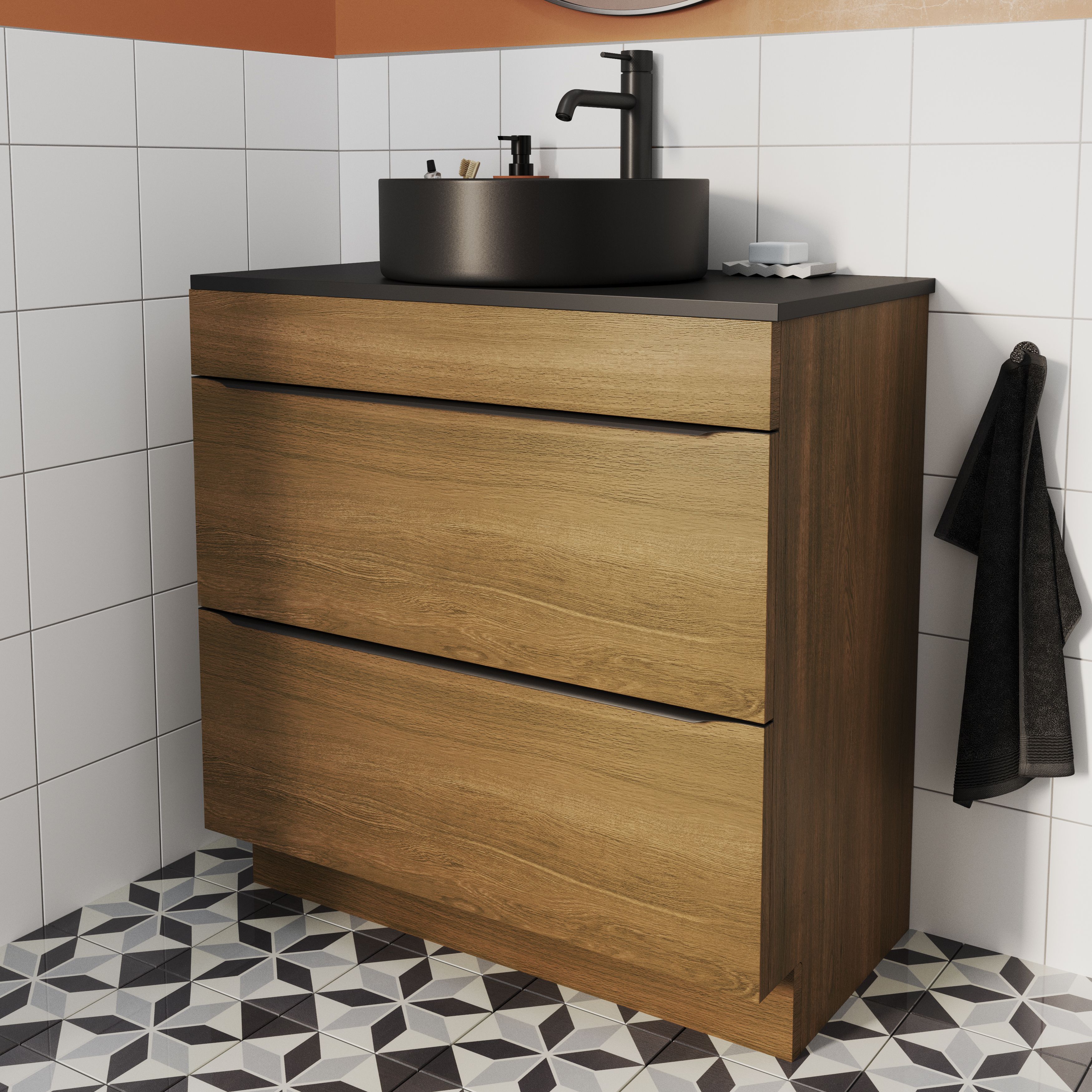 GoodHome Imandra Matt Walnut effect Freestanding Bathroom Cabinet (H)82cm (W)80cm