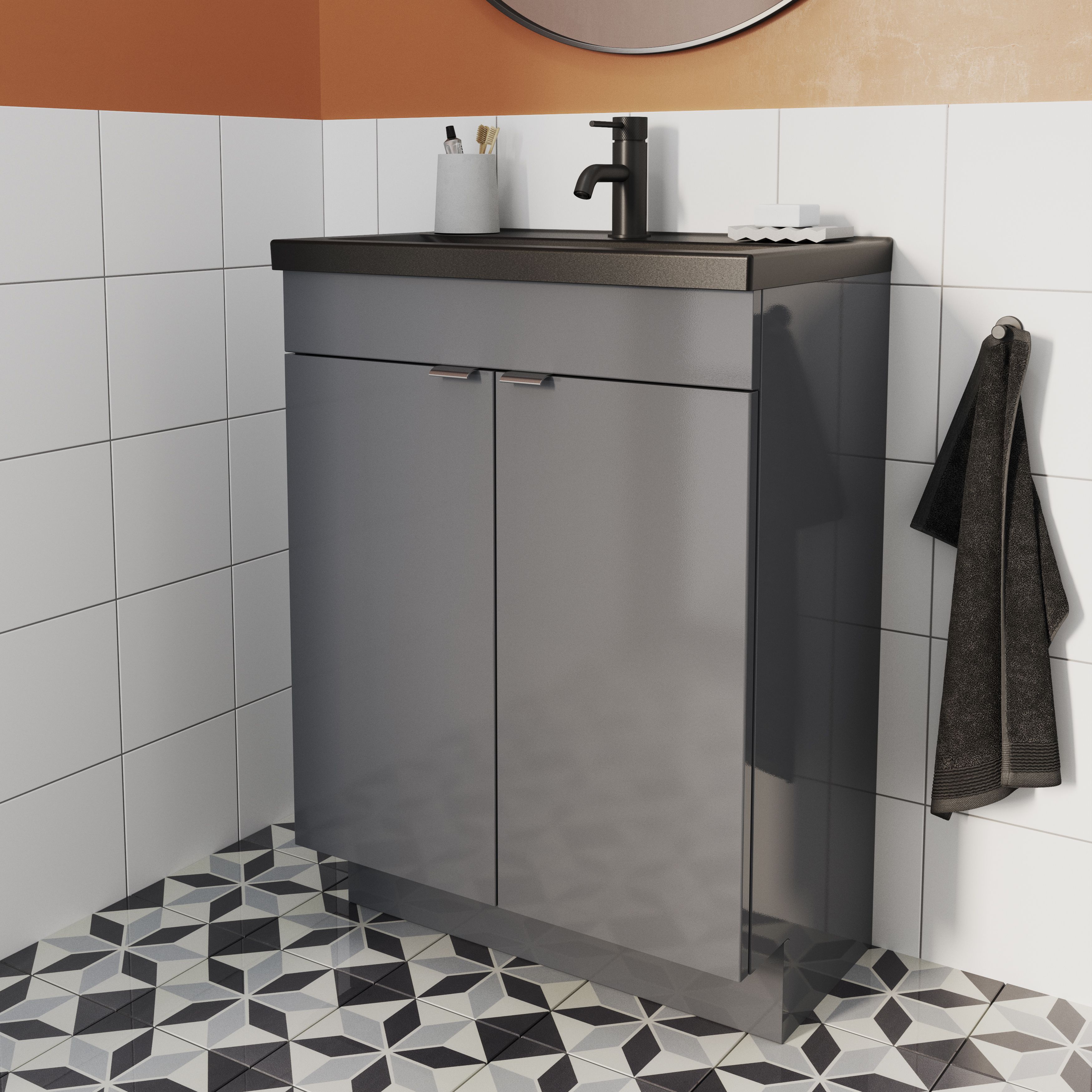 GoodHome Imandra Slimline Gloss Grey Double Bathroom Cabinet (H)82cm (W)60cm