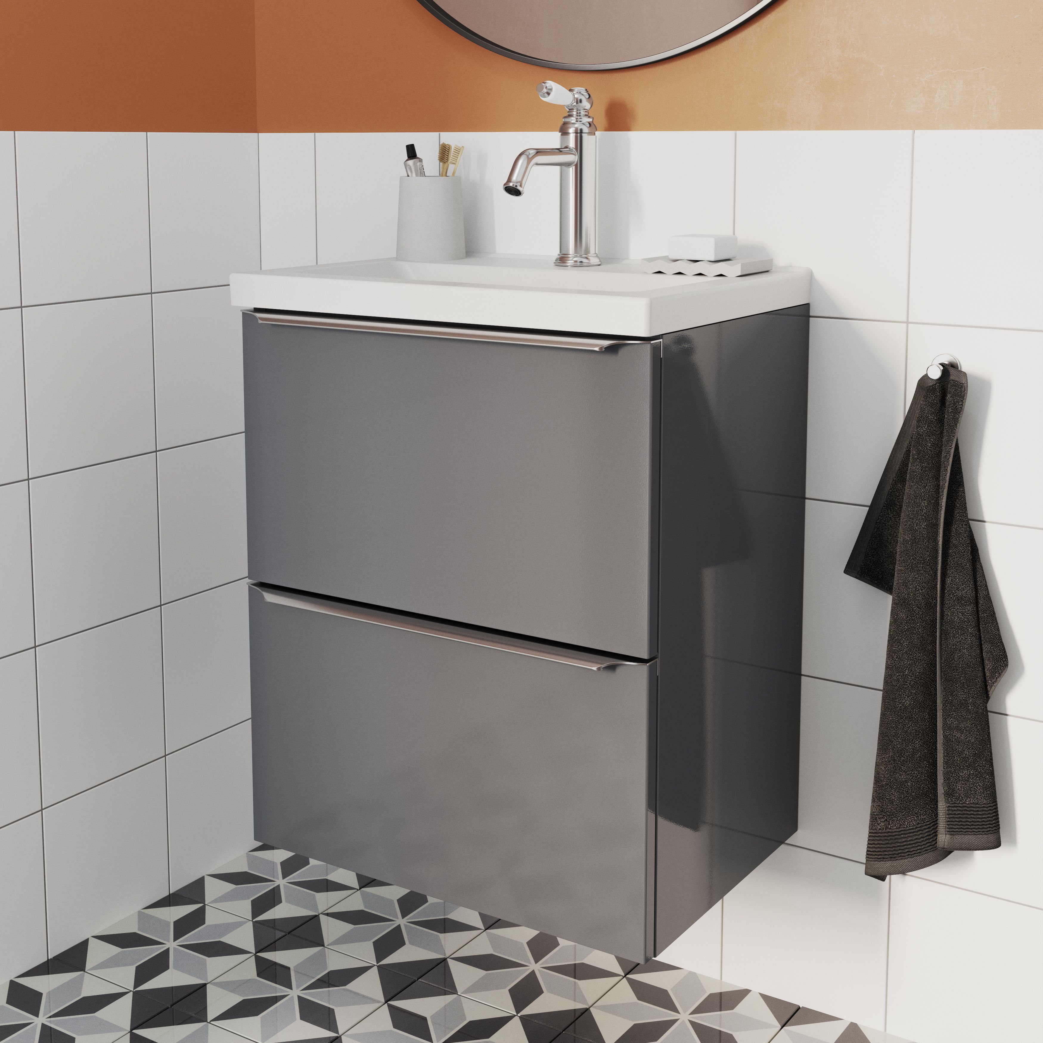 GoodHome Imandra Slimline Gloss Grey Wall-mounted Bathroom Cabinet (H)60cm (W)50cm