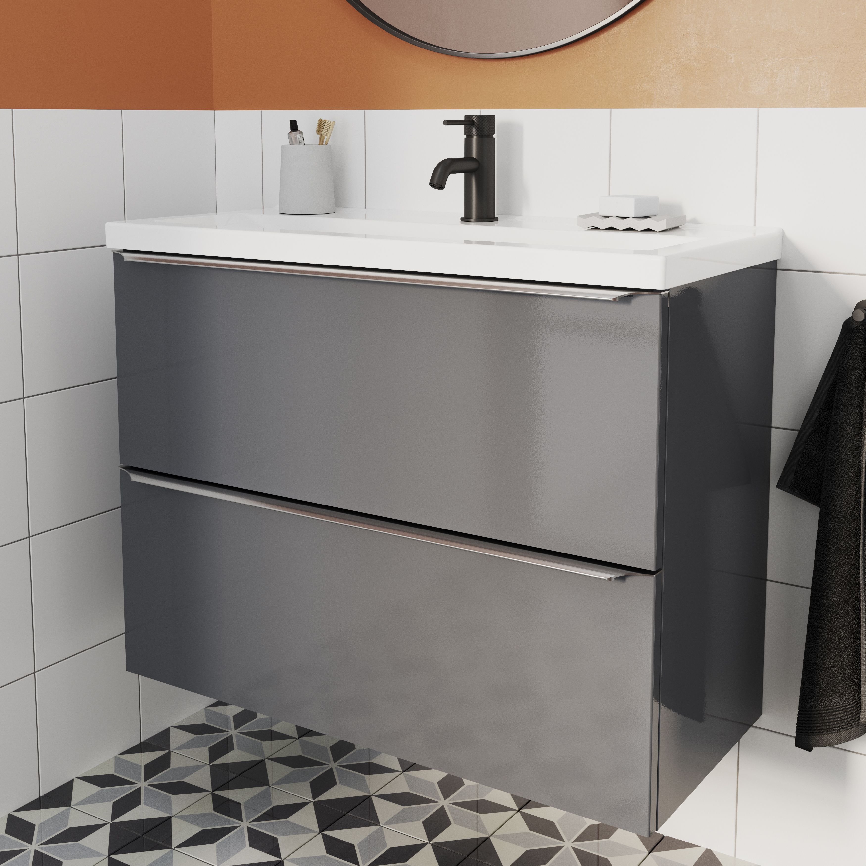 GoodHome Imandra Slimline Gloss Grey Wall-mounted Bathroom Cabinet (H)60cm (W)80cm