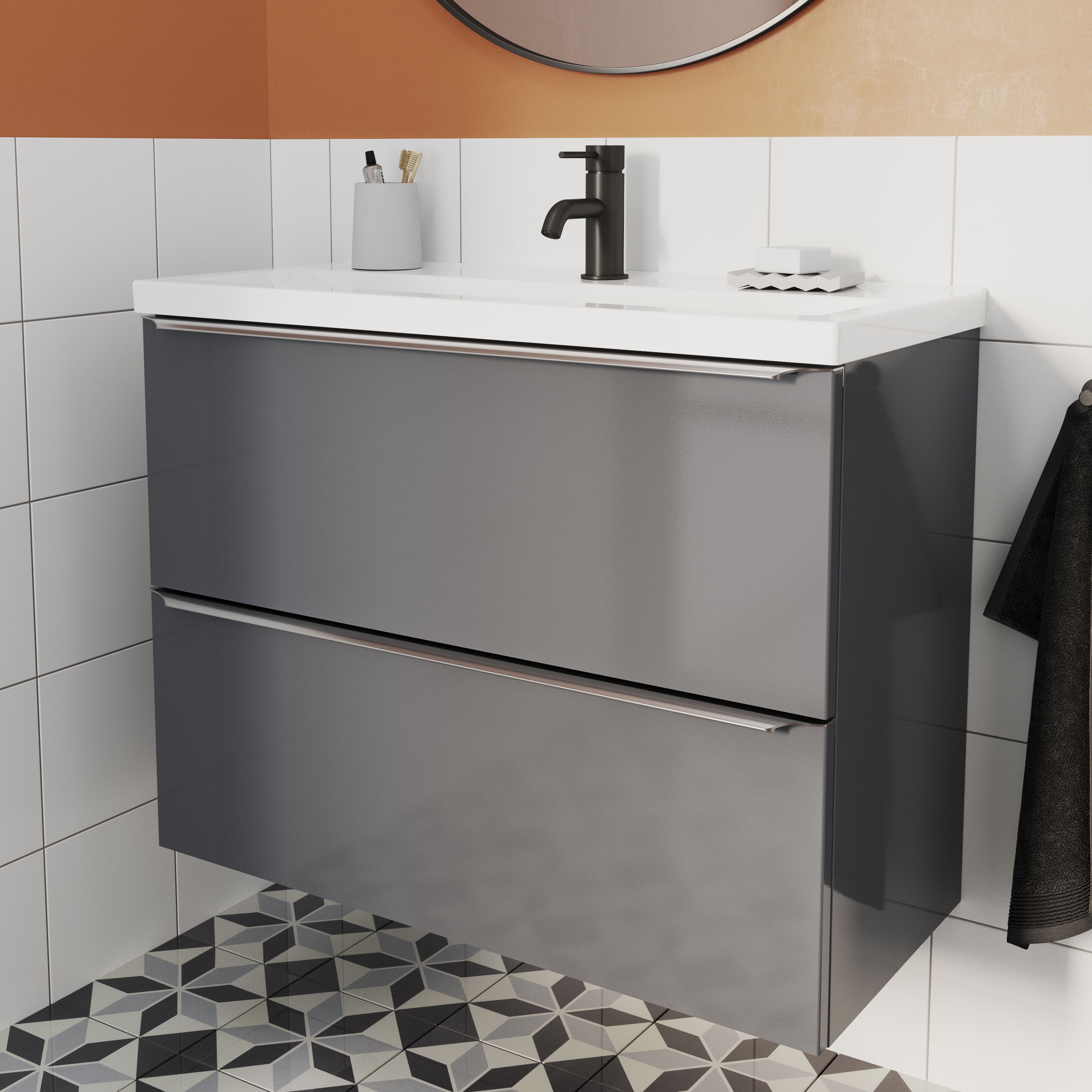 GoodHome Imandra Slimline Gloss Warm Grey Wall-mounted Bathroom Cabinet (H)60cm (W)80cm