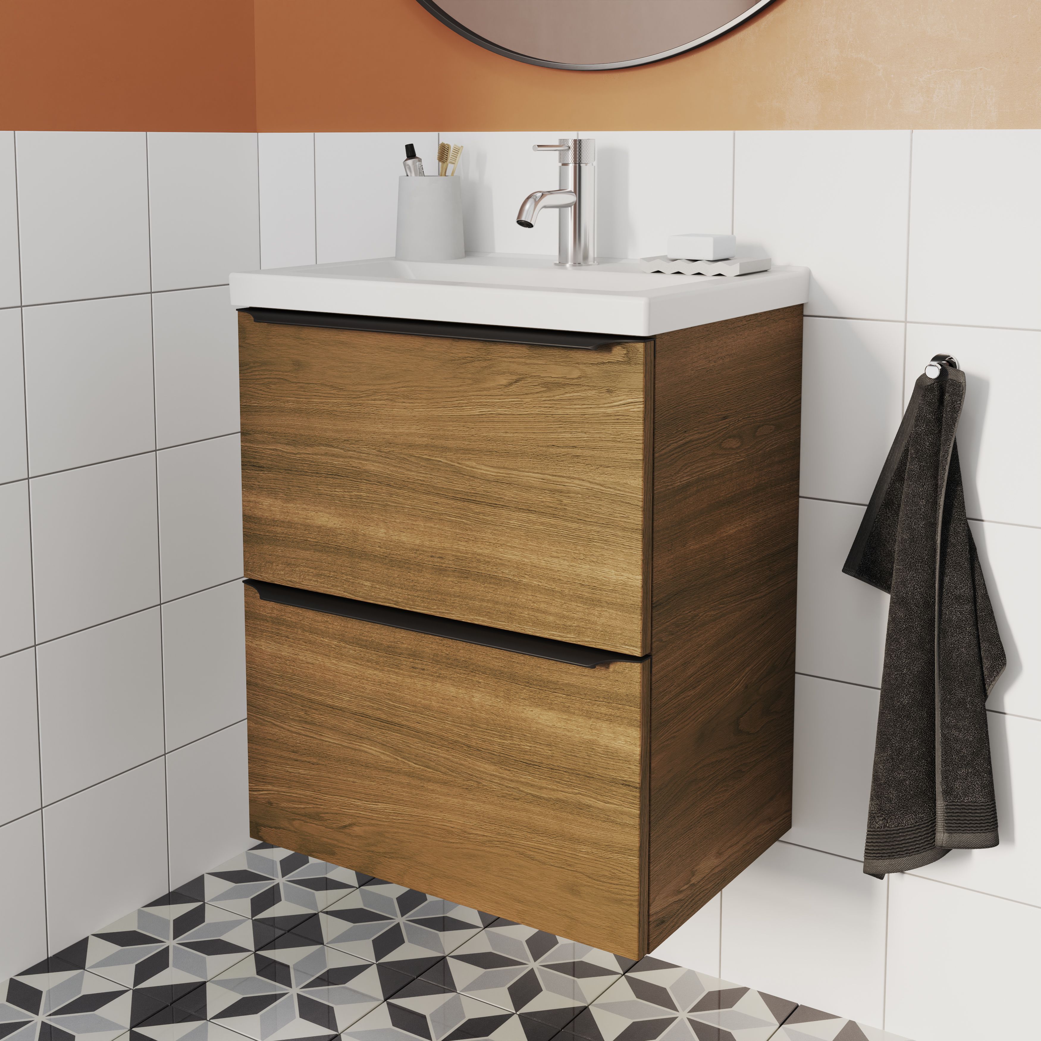 GoodHome Imandra Slimline Walnut effect Wall-mounted Bathroom Cabinet (H)60cm (W)50cm