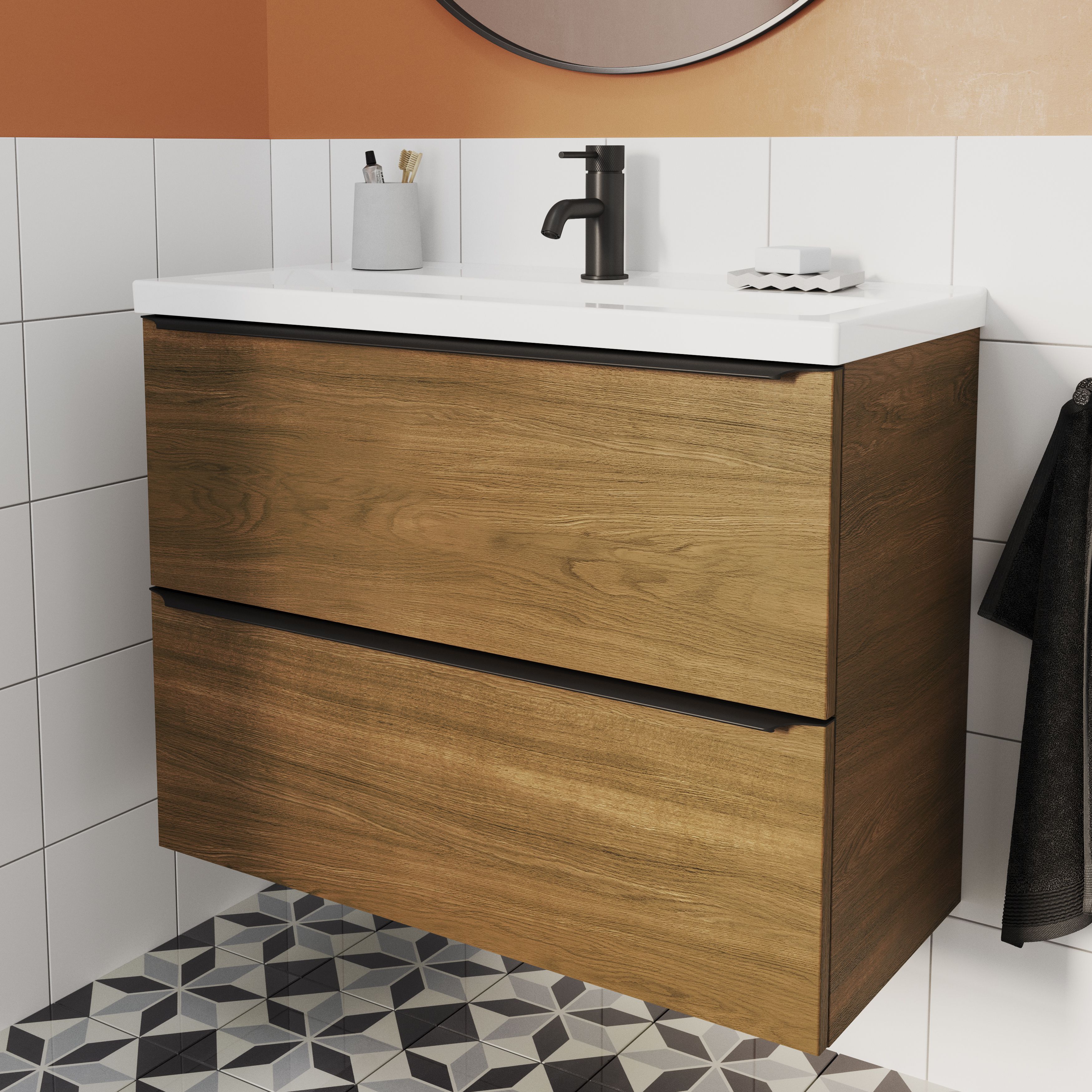 GoodHome Imandra Slimline Walnut effect Wall-mounted Bathroom Cabinet (H)60cm (W)80cm