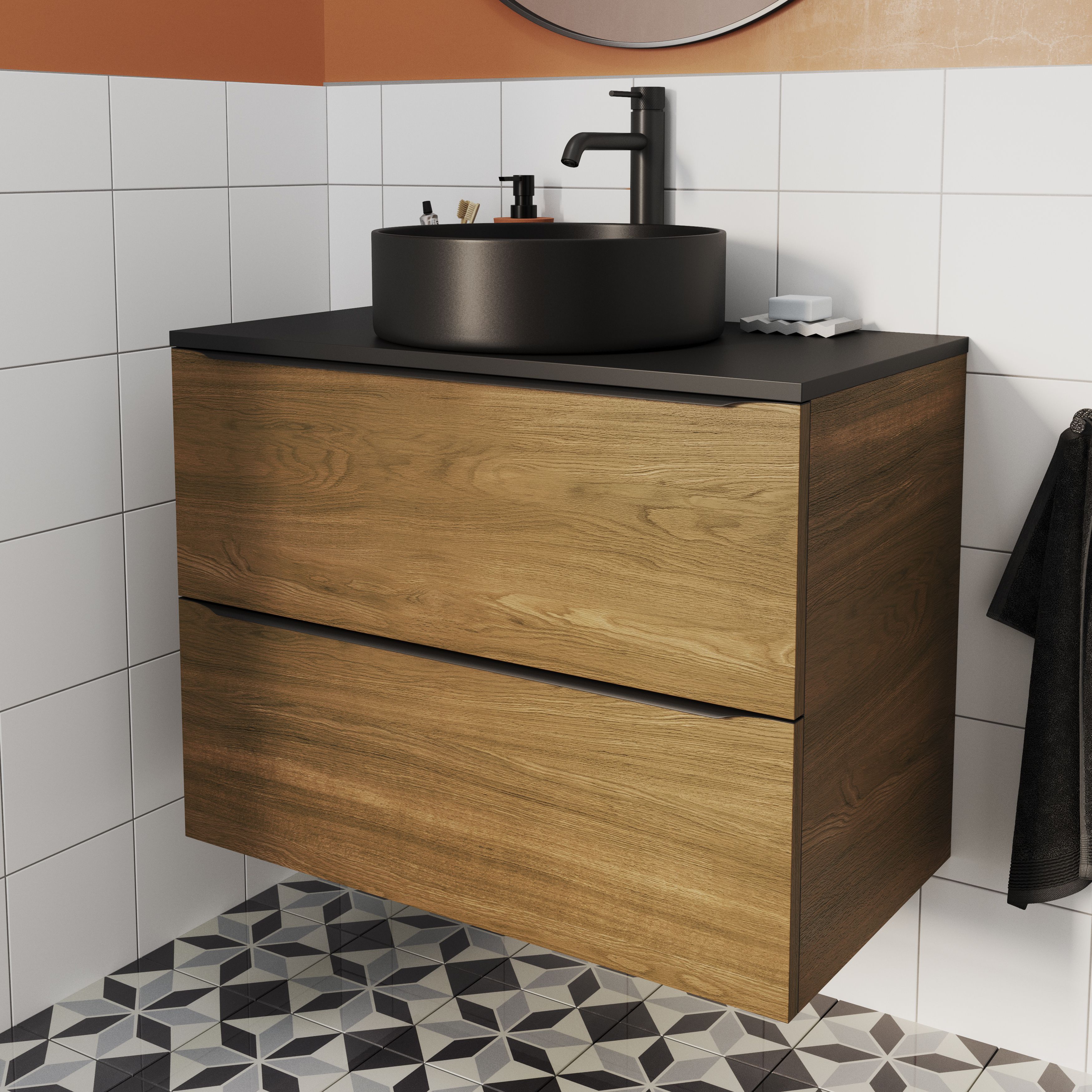 GoodHome Imandra Walnut effect Wall-mounted Bathroom Cabinet (H)60cm (W)80cm