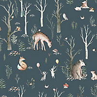 GoodHome Iris Grey Forest animals Textured Wallpaper