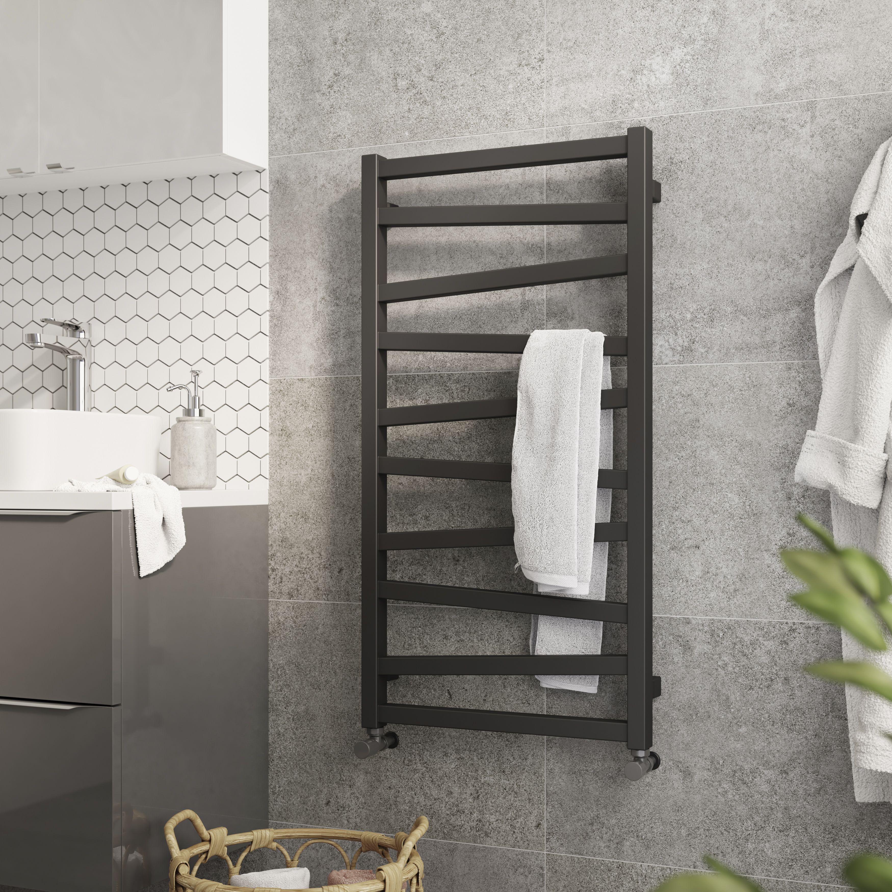 GoodHome Joinville, Black Vertical Flat Towel radiator (W)500mm x (H)970mm