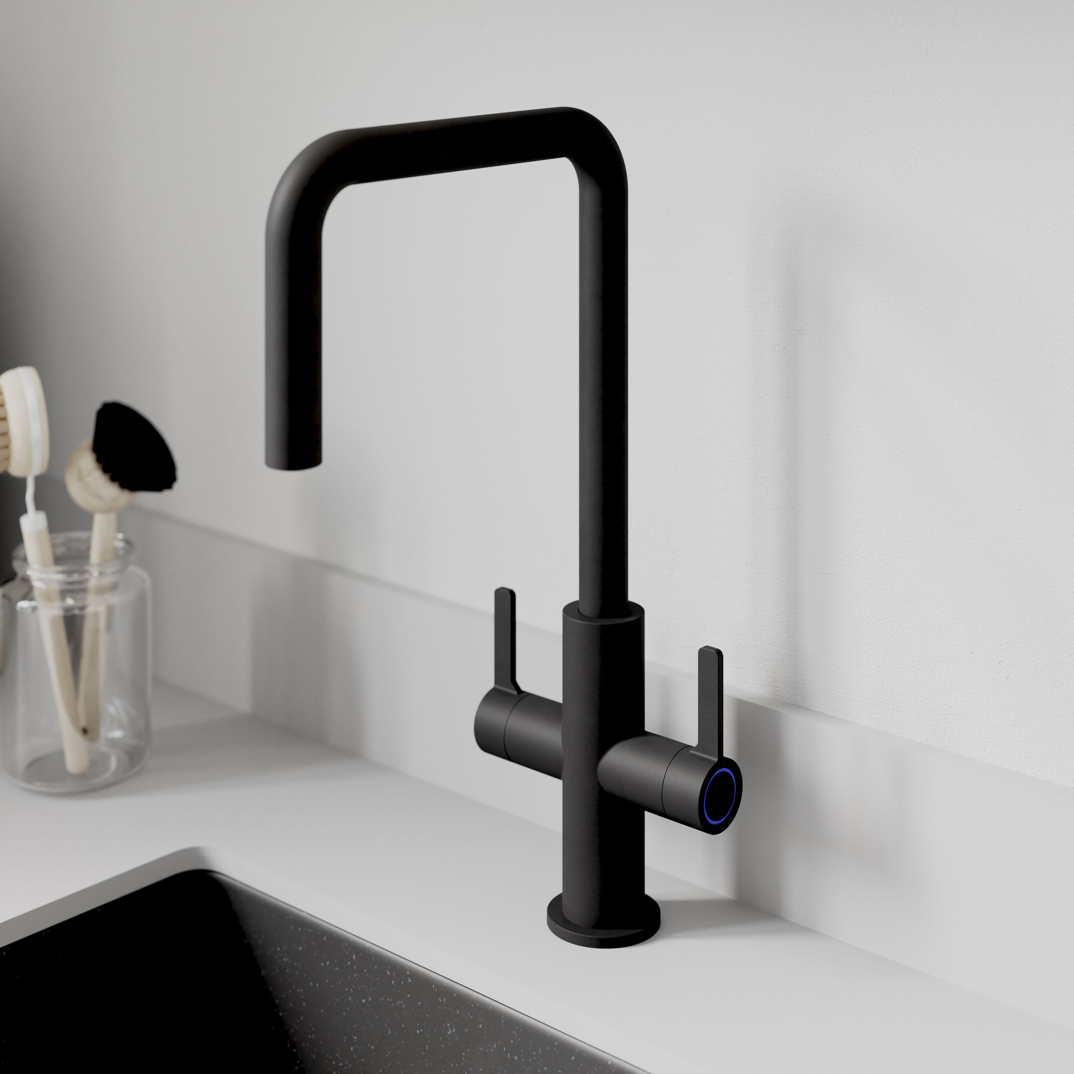 GoodHome Kamut Black Graphite effect Kitchen Twin lever Tap