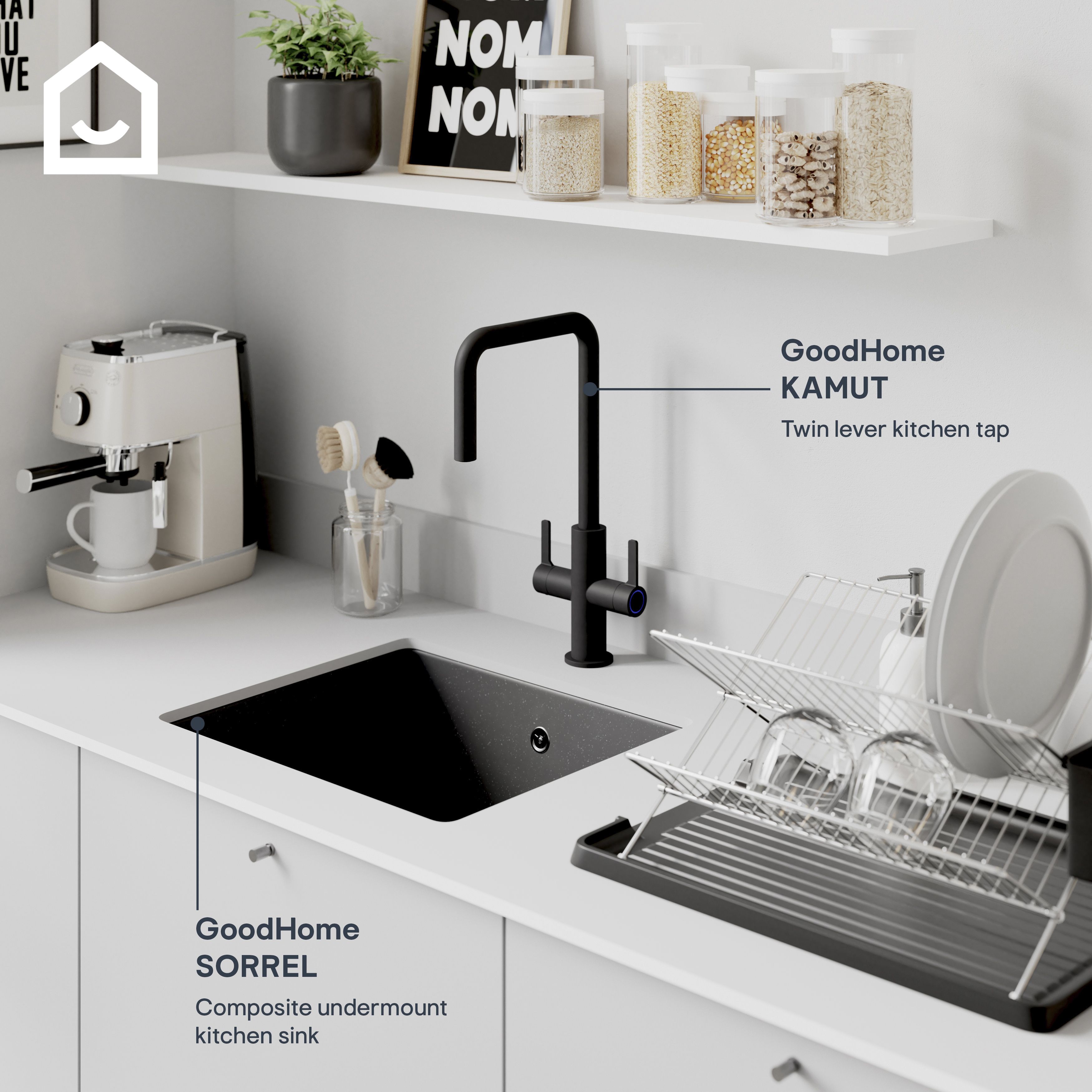 GoodHome Kamut Black Graphite effect Kitchen Twin lever Tap