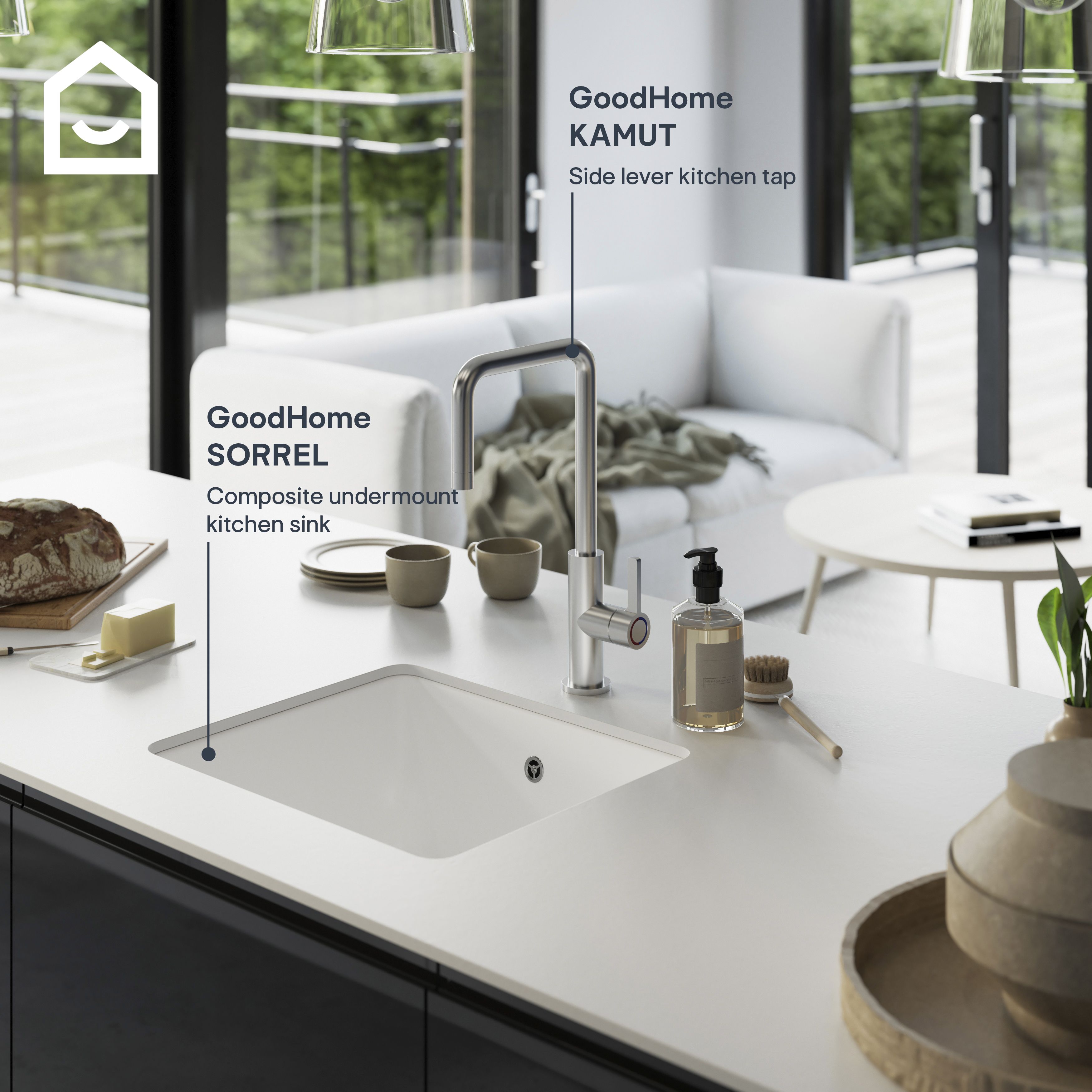 GoodHome Kamut Chrome effect Chrome-plated Kitchen Side lever Tap