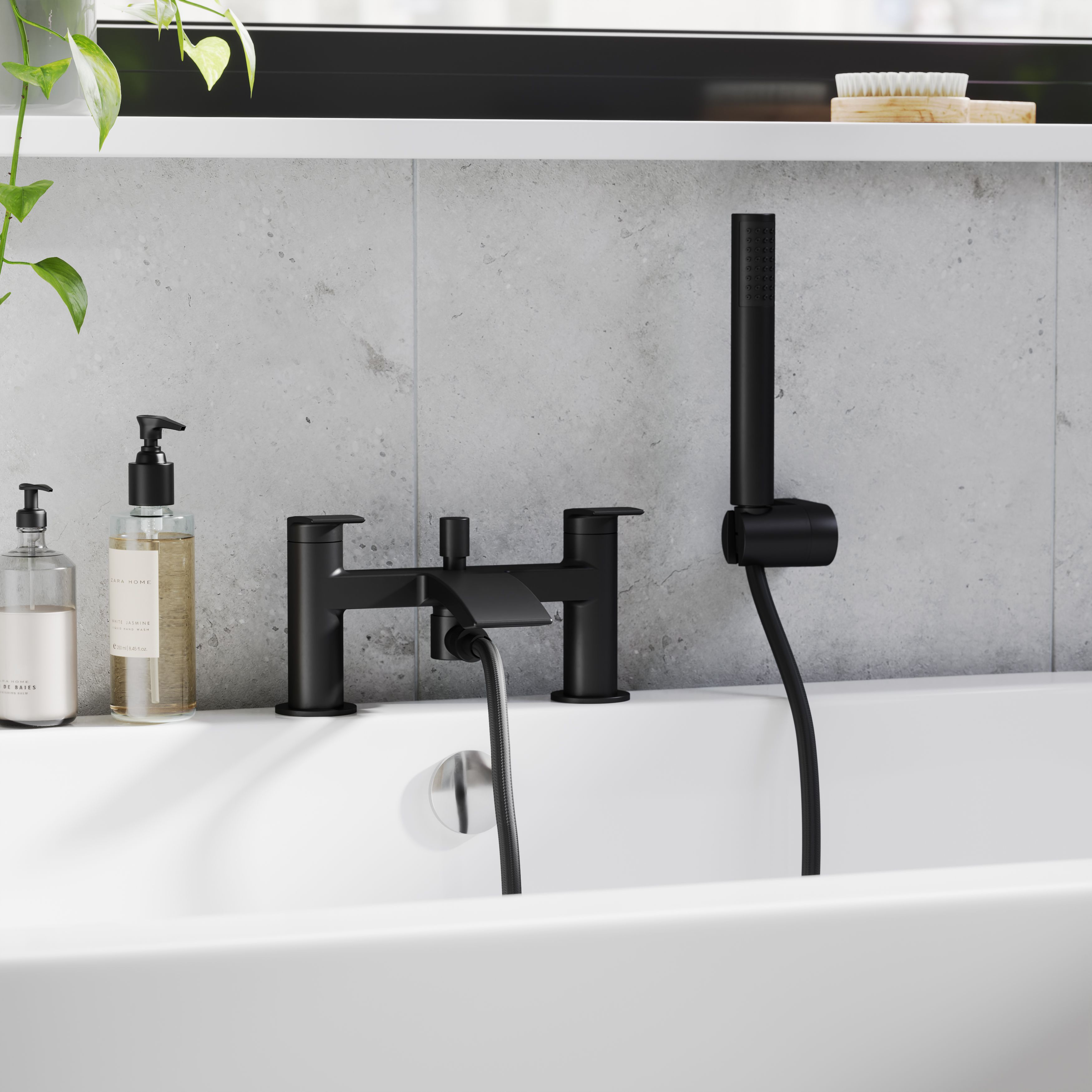 GoodHome Kariya Matt Black Ceramic Deck-mounted Double Bath shower mixer tap with shower kit