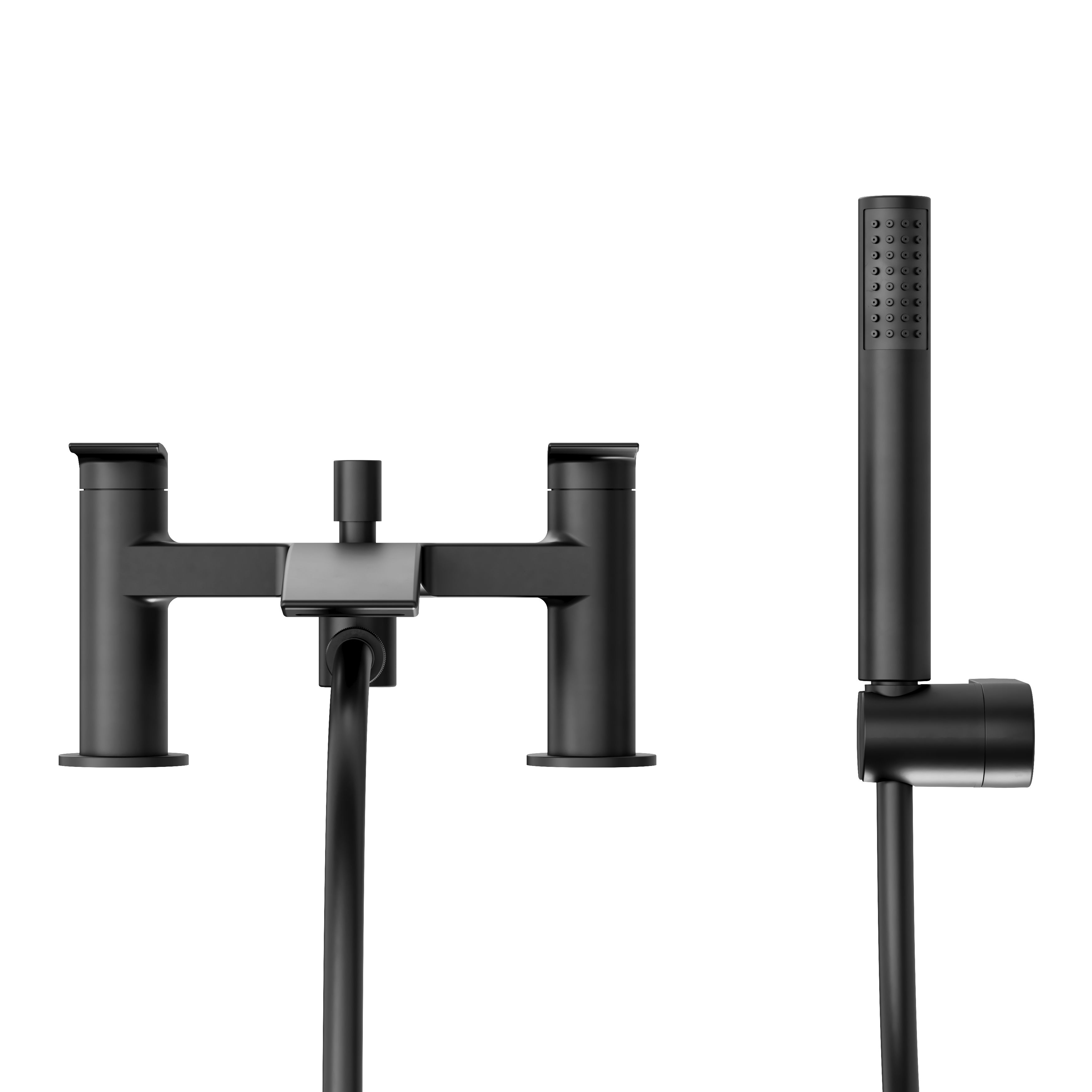 GoodHome Kariya Matt Black Ceramic Deck-mounted Double Bath shower mixer tap with shower kit