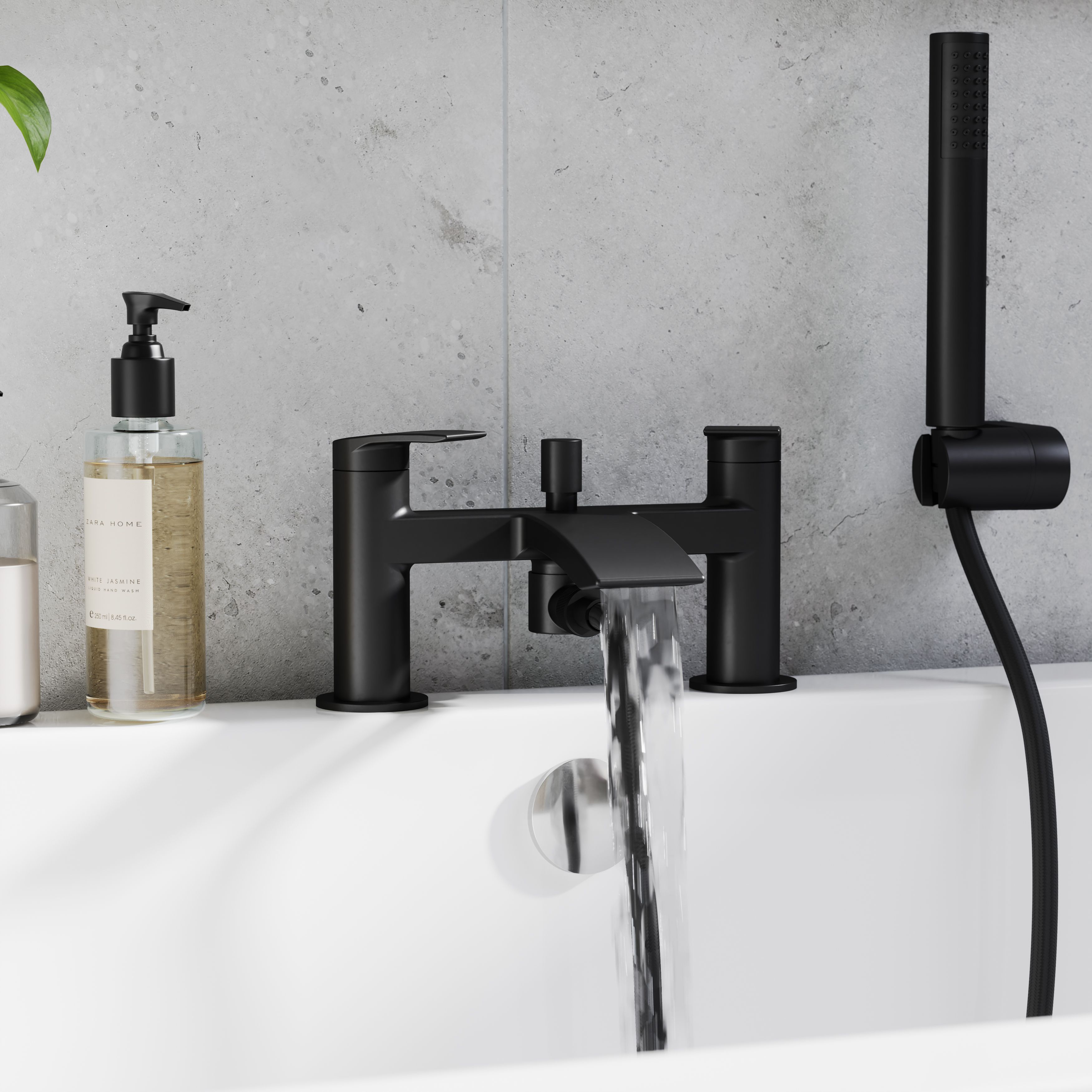 GoodHome Kariya Matt Black Ceramic Deck-mounted Double Bath shower mixer tap with shower kit