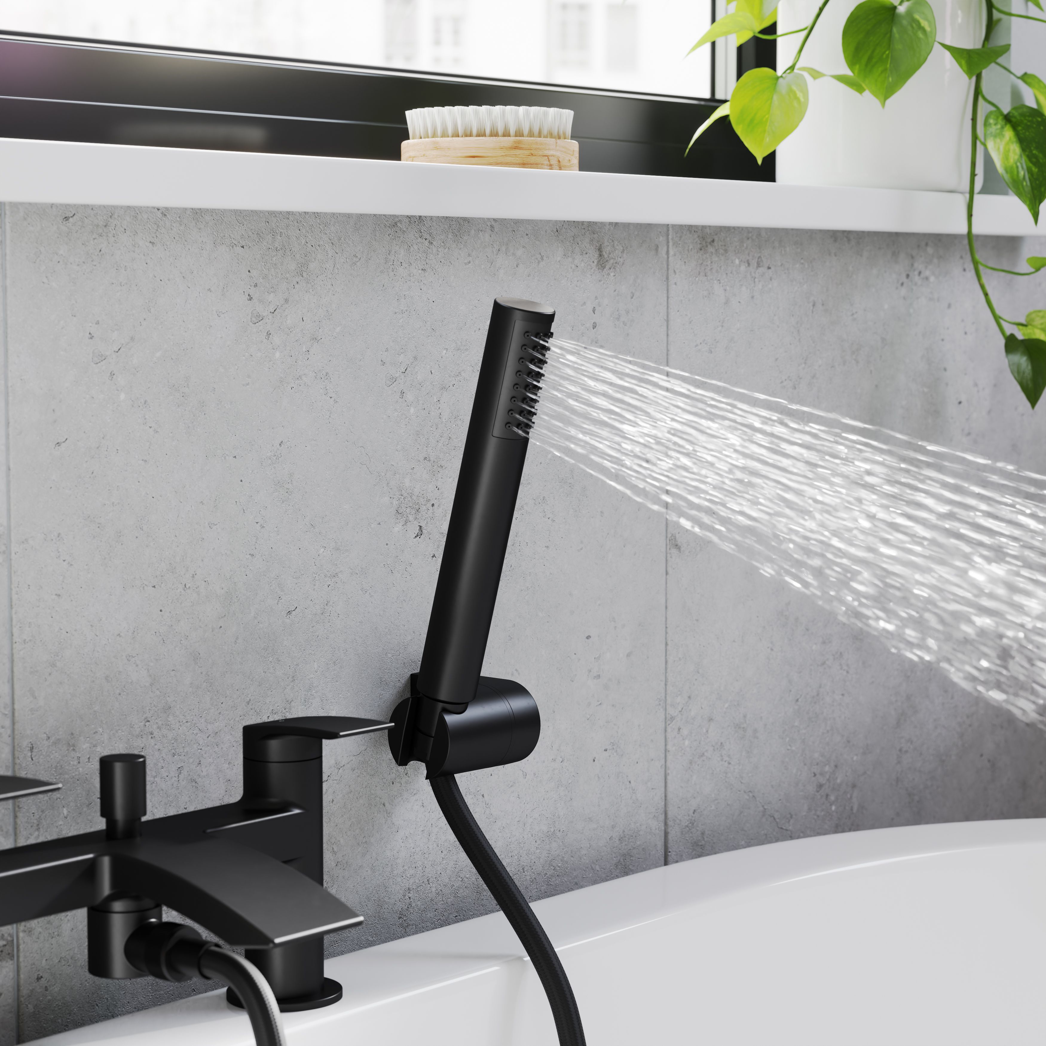 GoodHome Kariya Matt Black Ceramic Deck-mounted Double Bath shower mixer tap with shower kit