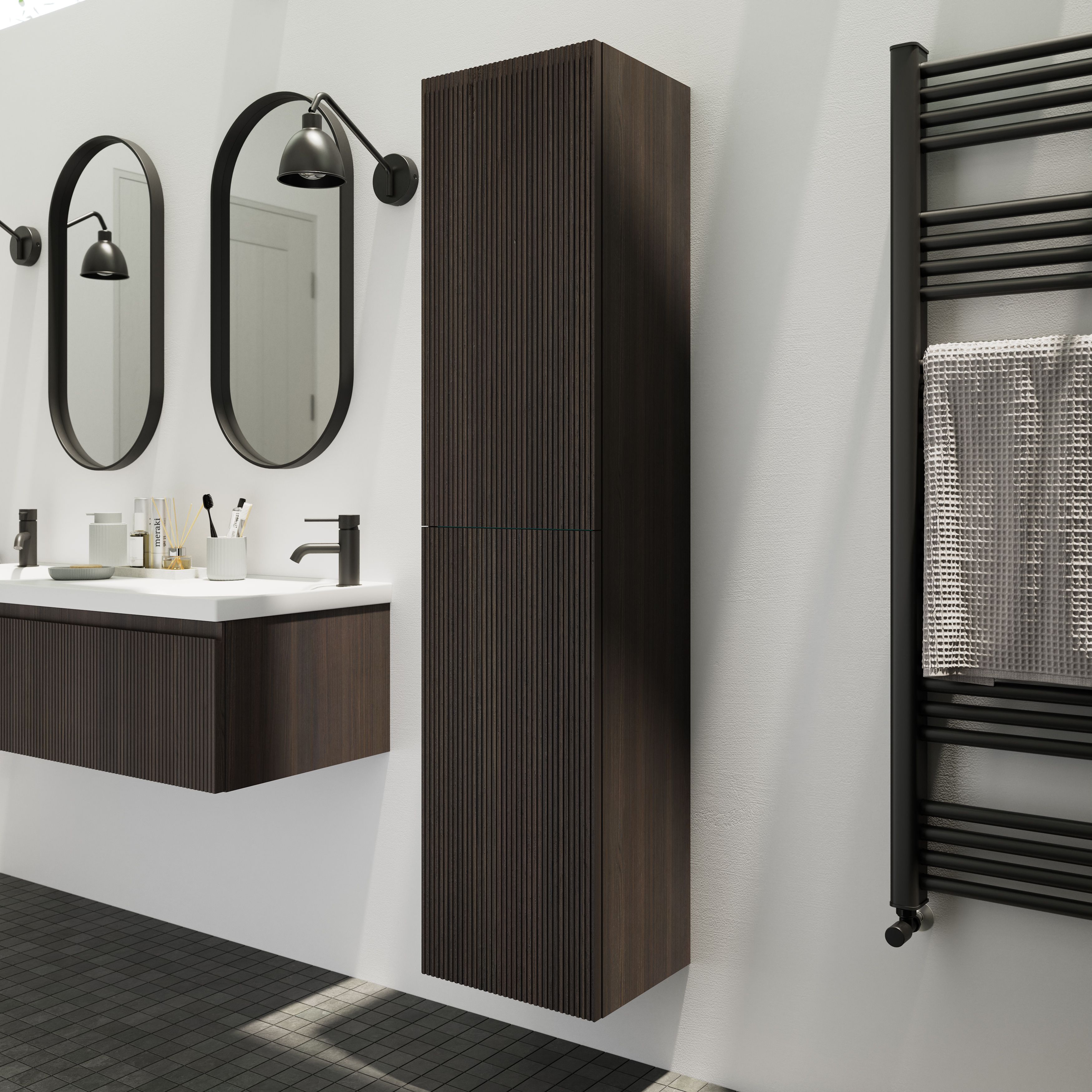 GoodHome Kentia Ribbed effect Walnut Veneer Double Bathroom Column cabinet (H)150cm (W)35cm