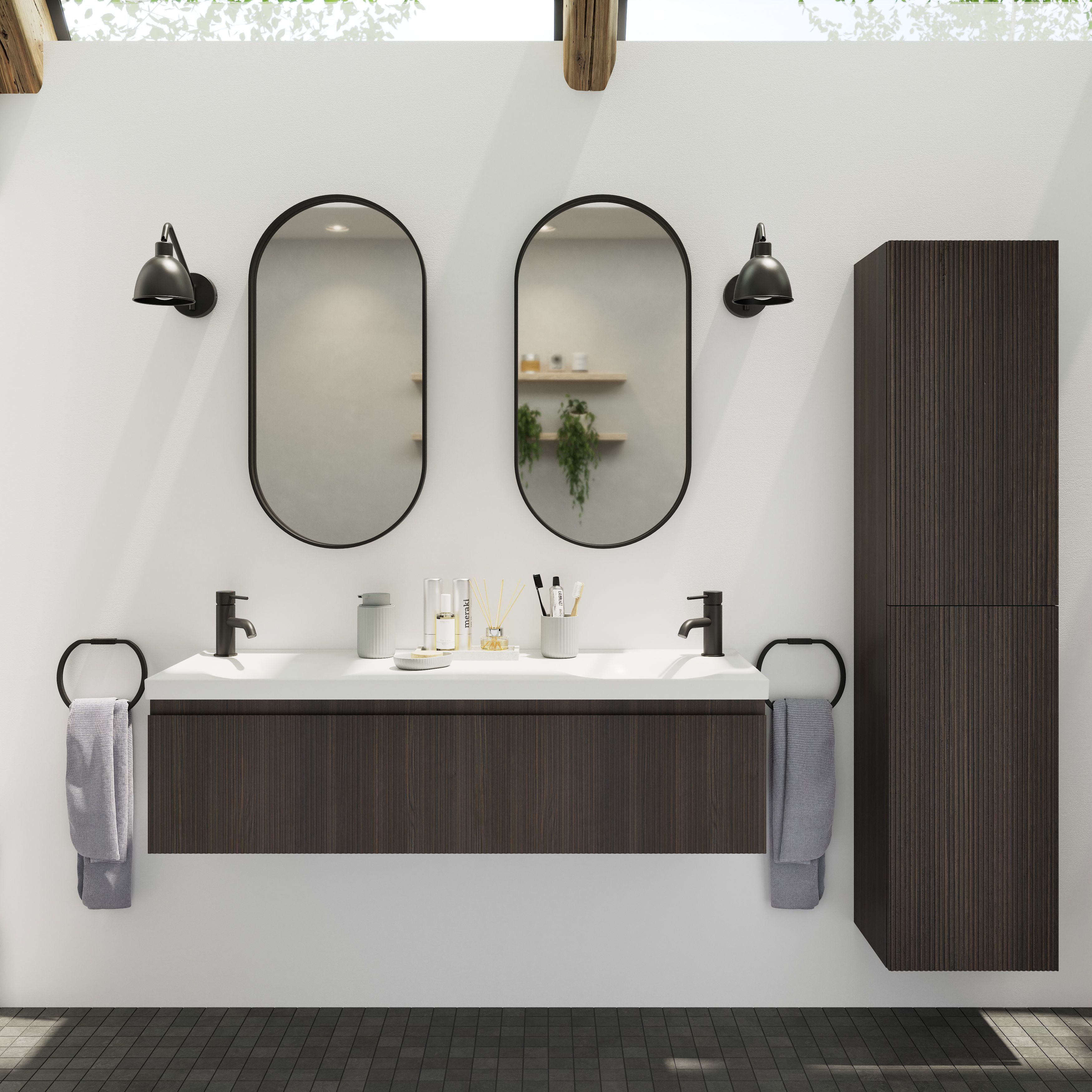 GoodHome Kentia Ribbed effect Walnut Veneer Wall-mounted Bathroom Cabinet (H)30cm (W)120cm