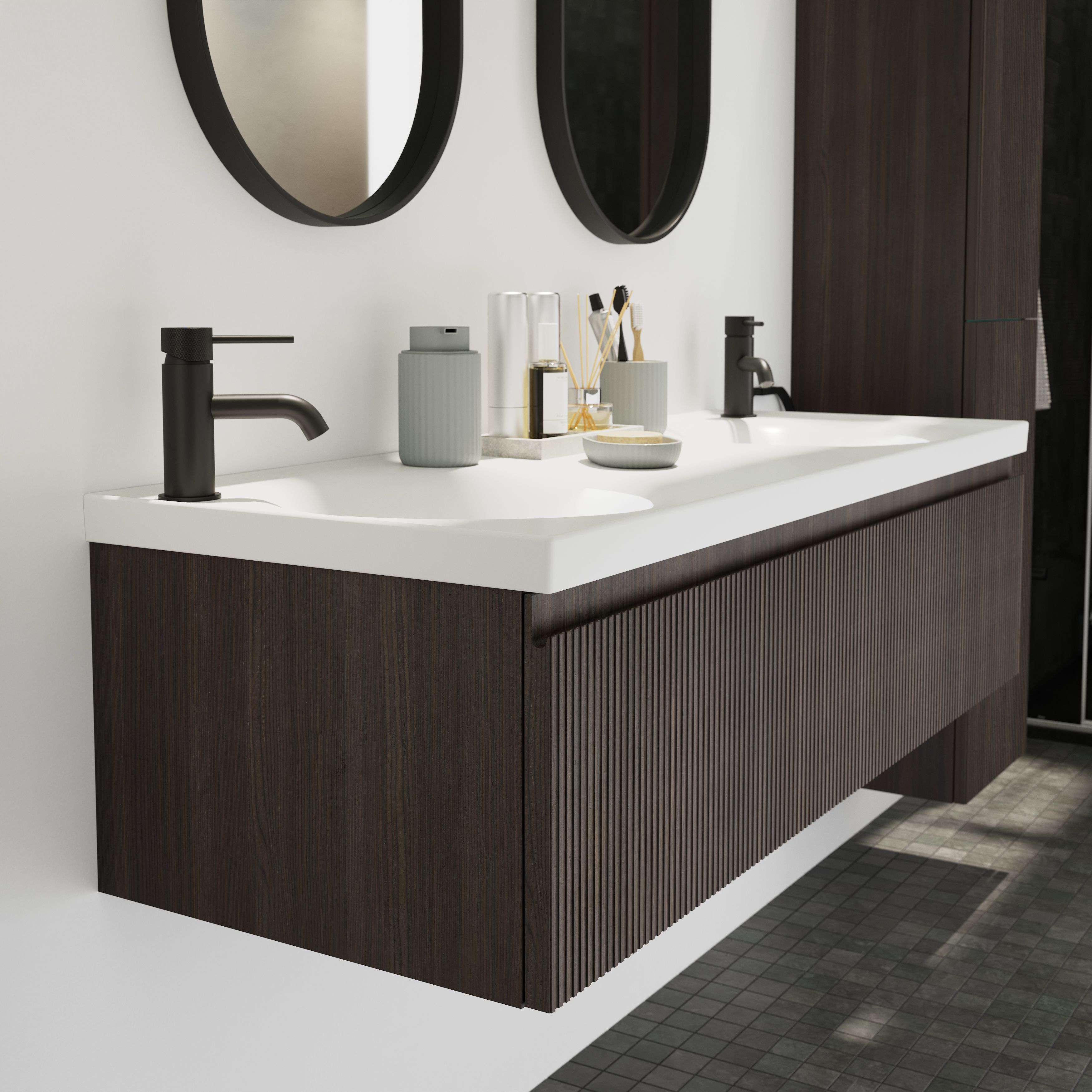GoodHome Kentia Ribbed effect Walnut Veneer Wall-mounted Bathroom Cabinet (H)30cm (W)120cm
