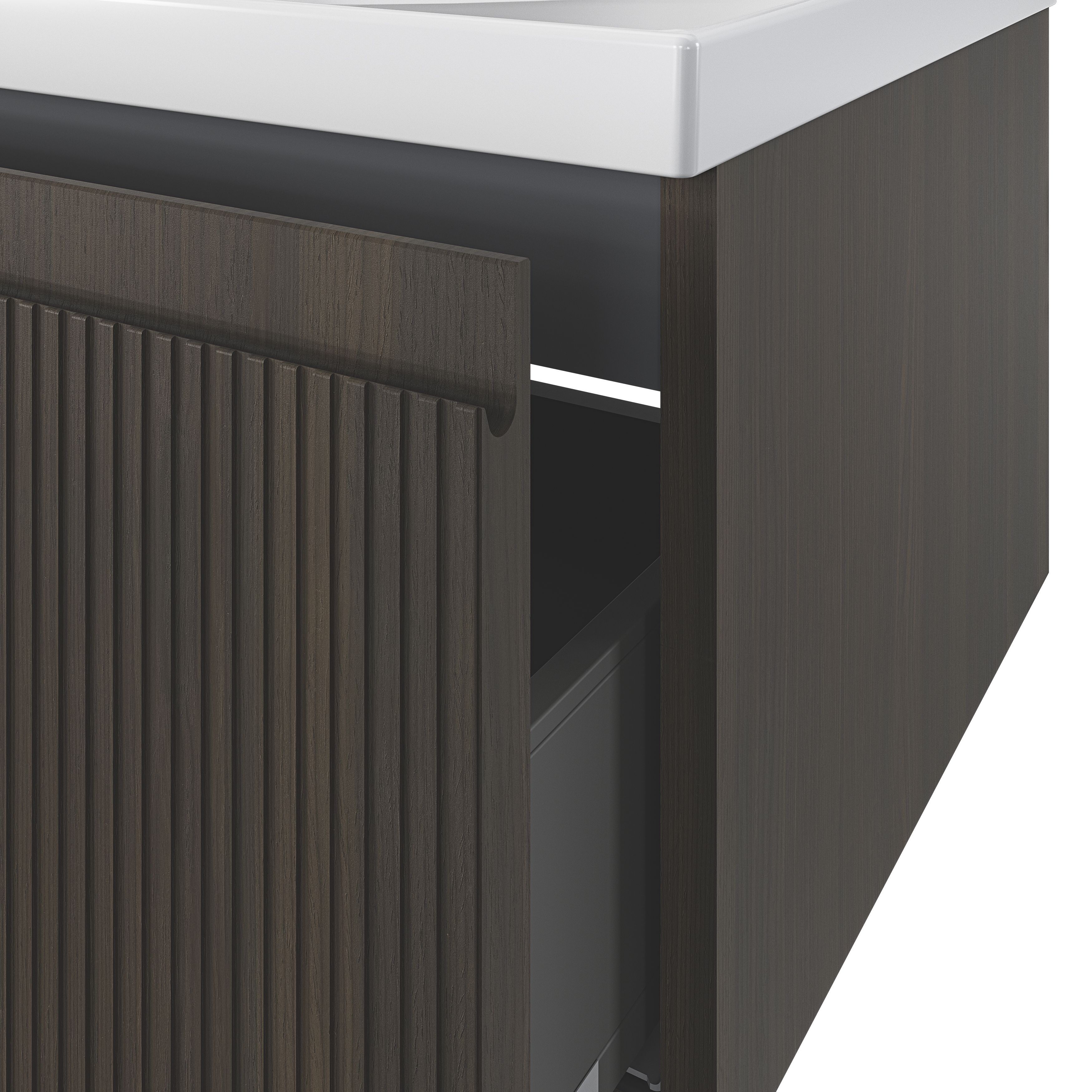 GoodHome Kentia Ribbed effect Walnut Veneer Wall-mounted Bathroom Cabinet (H)30cm (W)120cm
